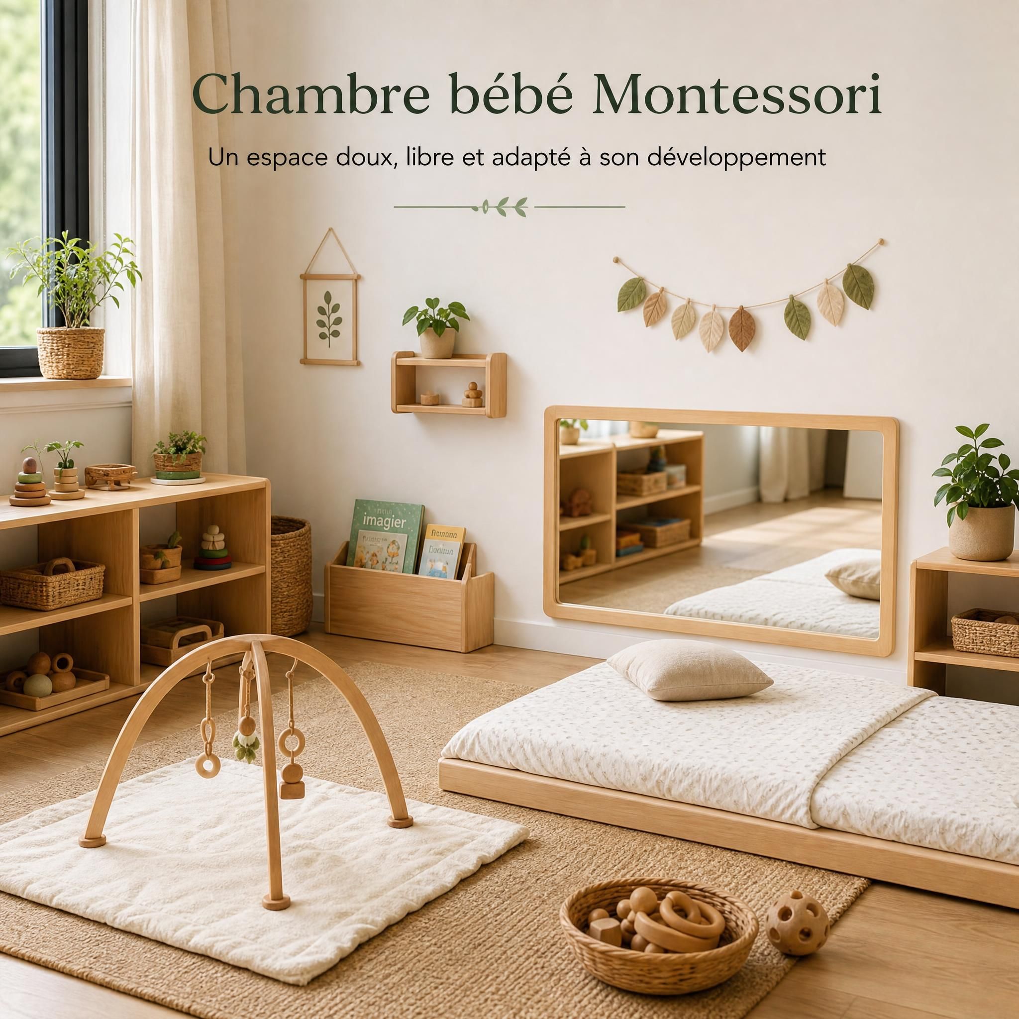 Chambre bébé Montessori avec lit au sol, miroir bas, étagères ouvertes et tapis d'éveil en bois naturel