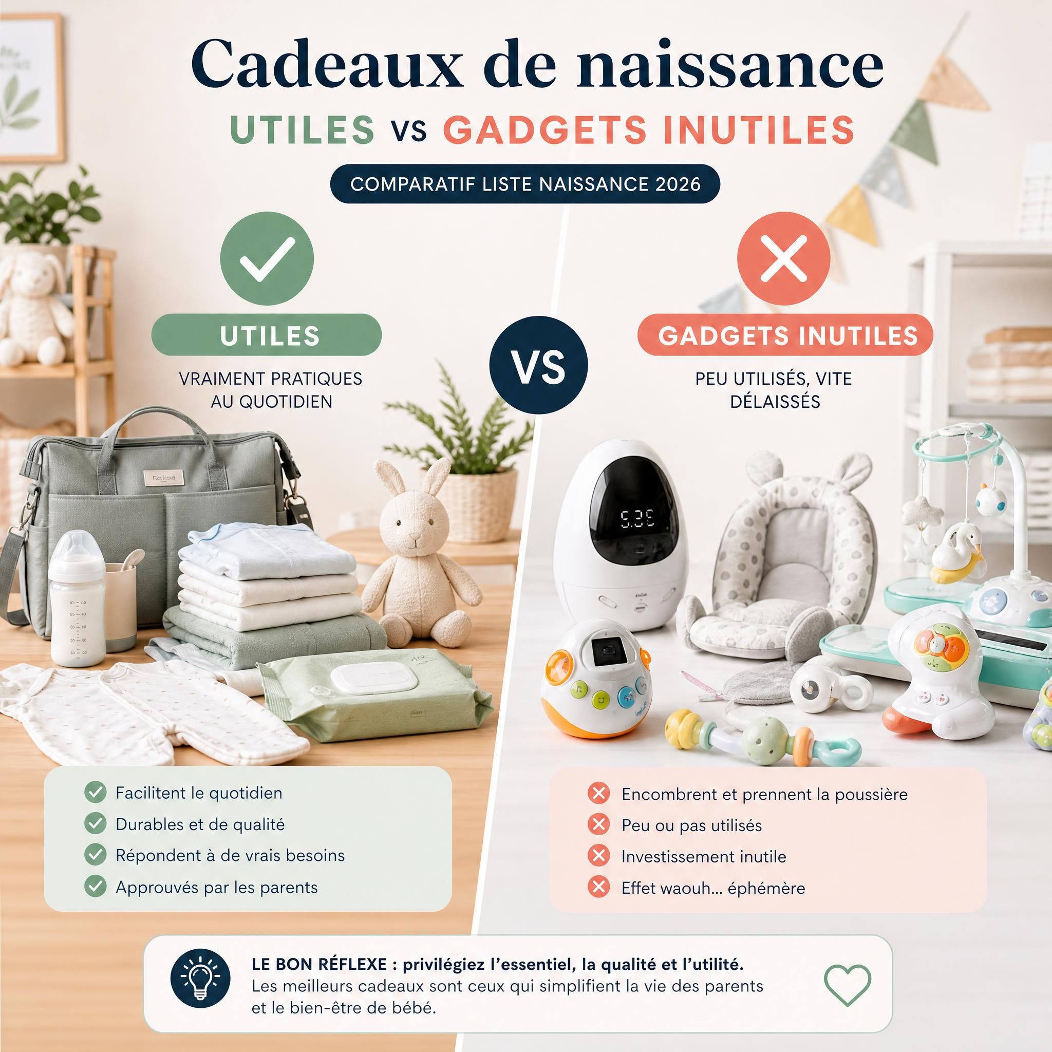 Sélection cadeaux de naissance utiles vs gadgets inutiles, comparatif liste naissance 2026