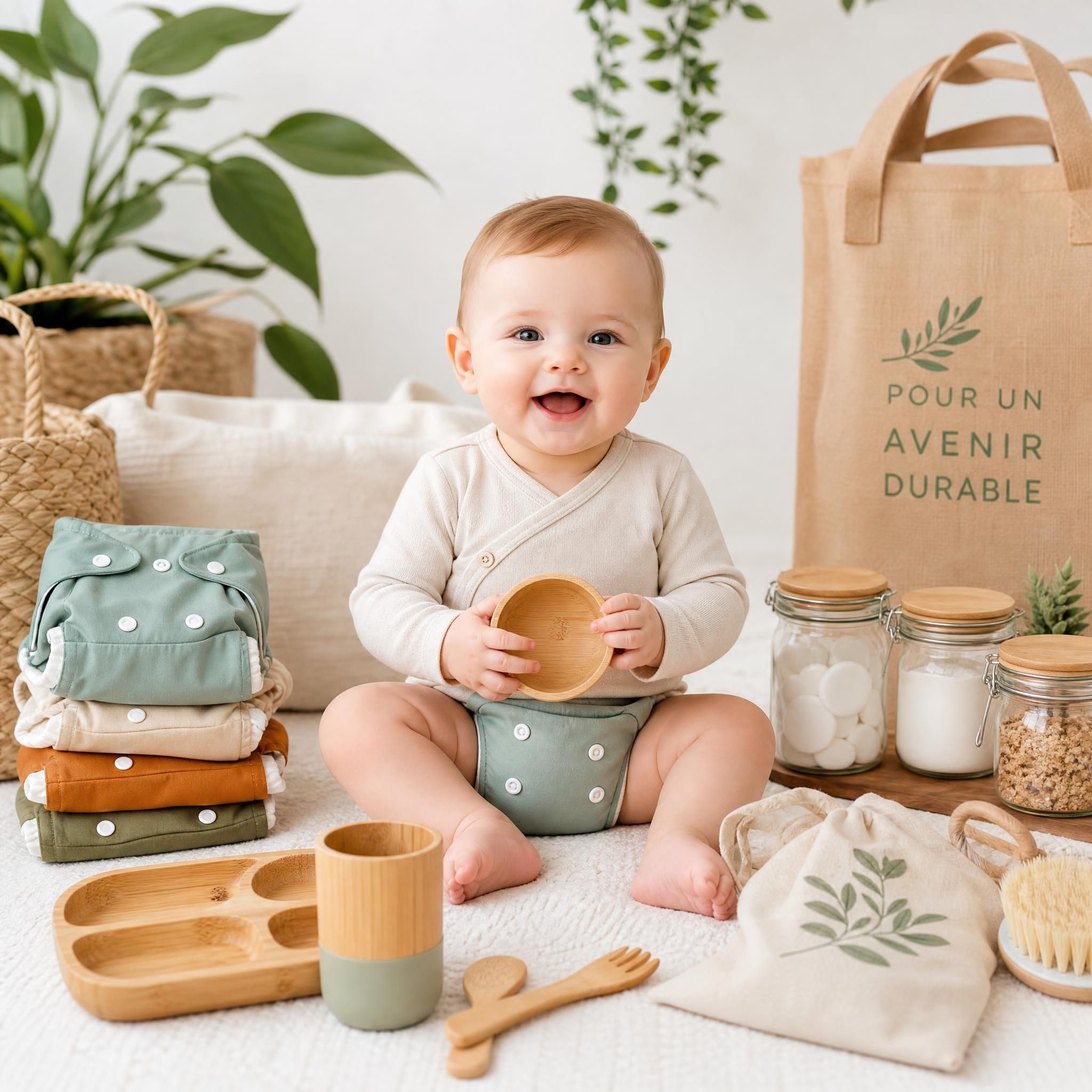 Bébé entouré de produits écologiques et durables — vaisselle en bambou, petits pots en verre, couches lavables — illustrant une parentalité respectueuse de l'environnement
