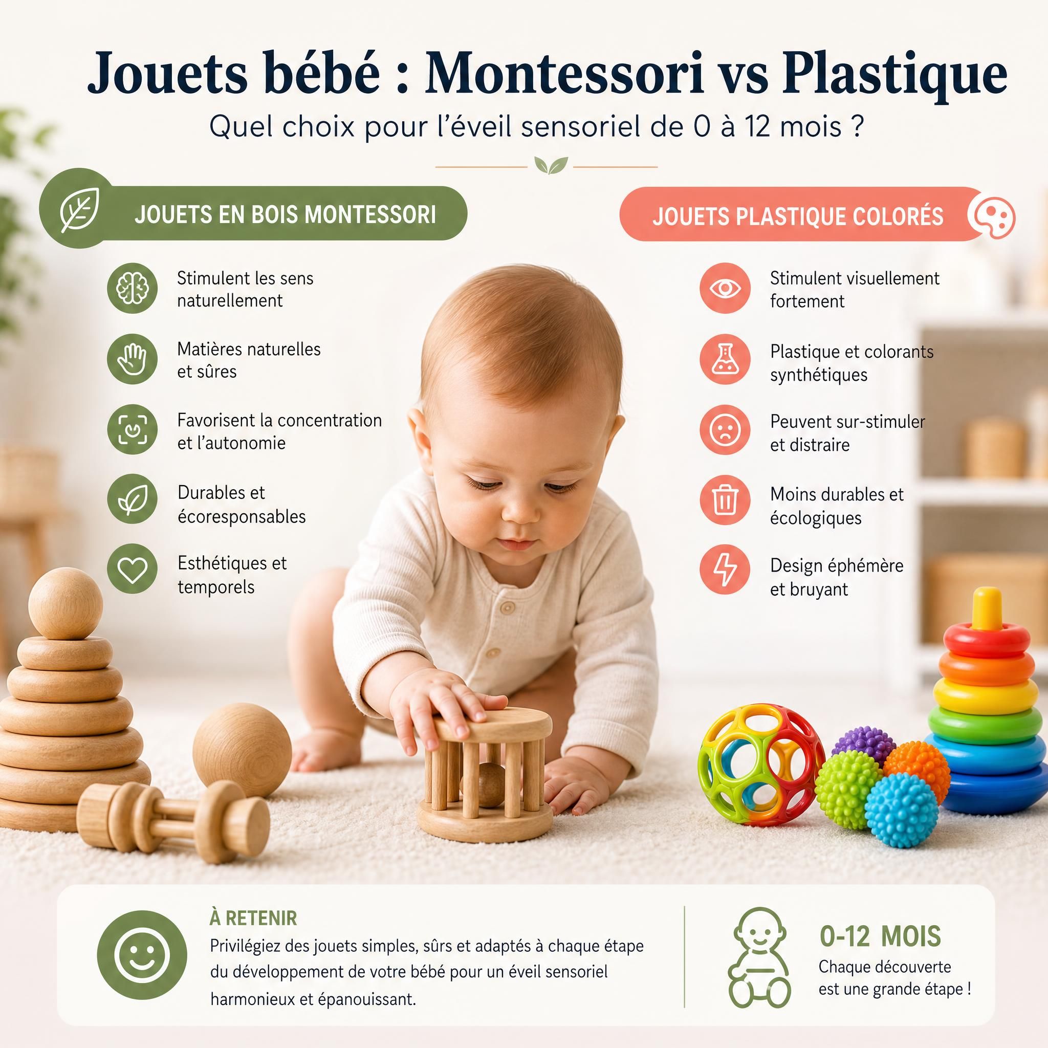 Comparatif jouets bébé en bois Montessori vs jouets plastique colorés, éveil sensoriel 0-12 mois
