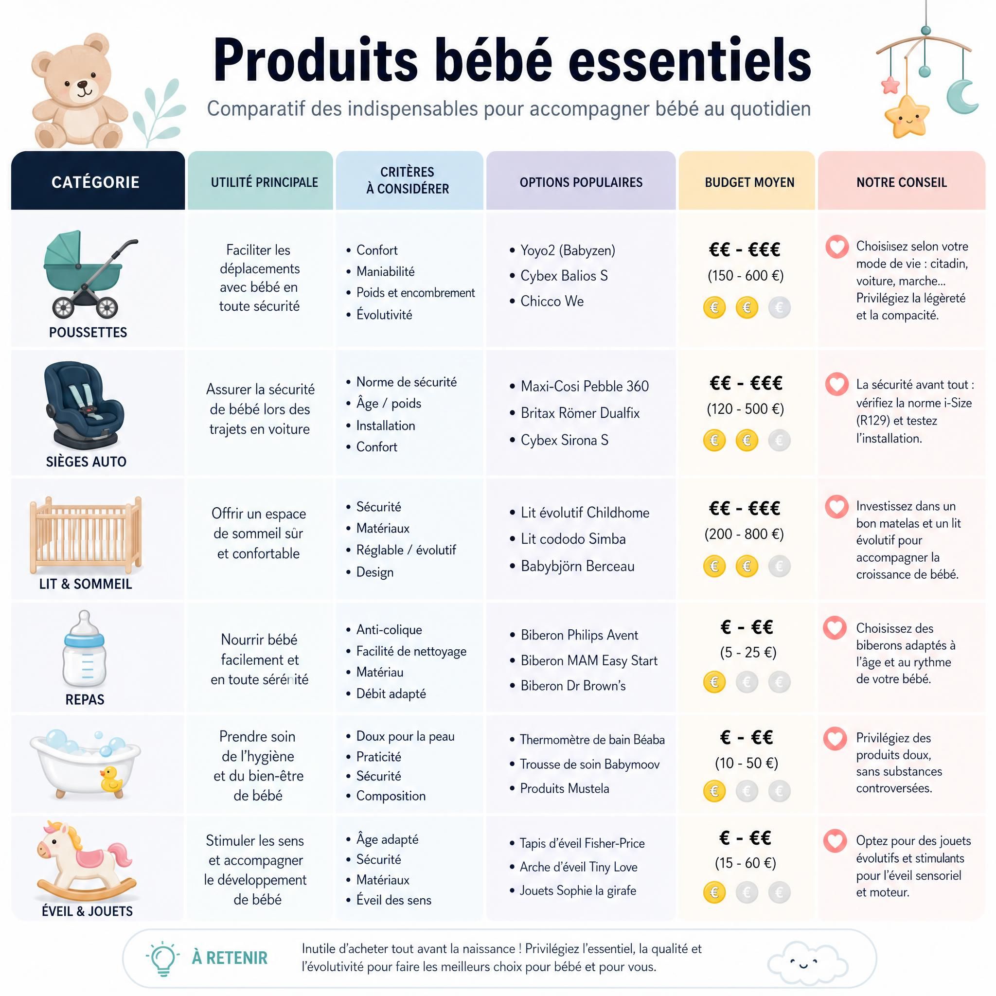 Tableau comparatif illustré des produits bébé essentiels avec des icônes colorées représentant chaque catégorie de puériculture