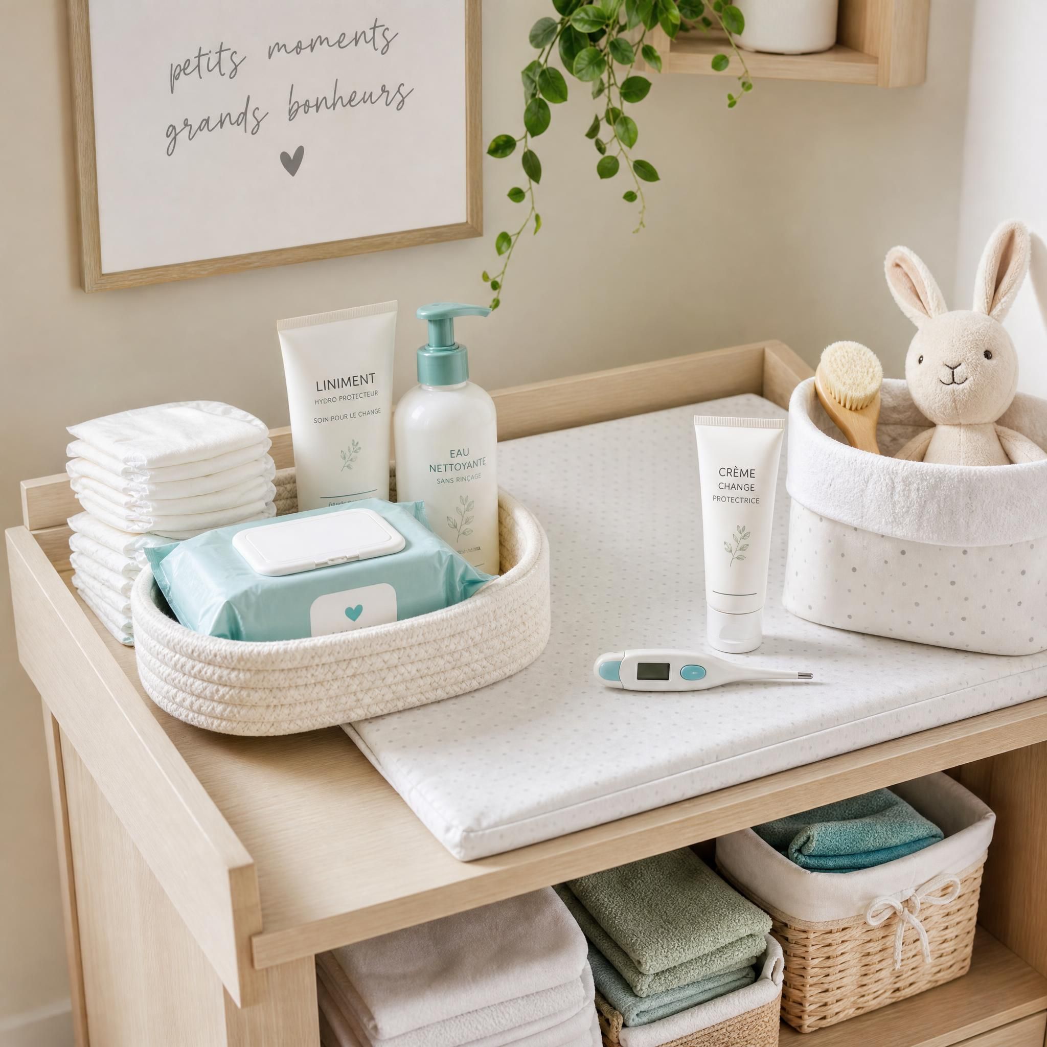 Table à langer organisée avec les essentiels hygiène bébé : couches, lingettes, crème, thermomètre