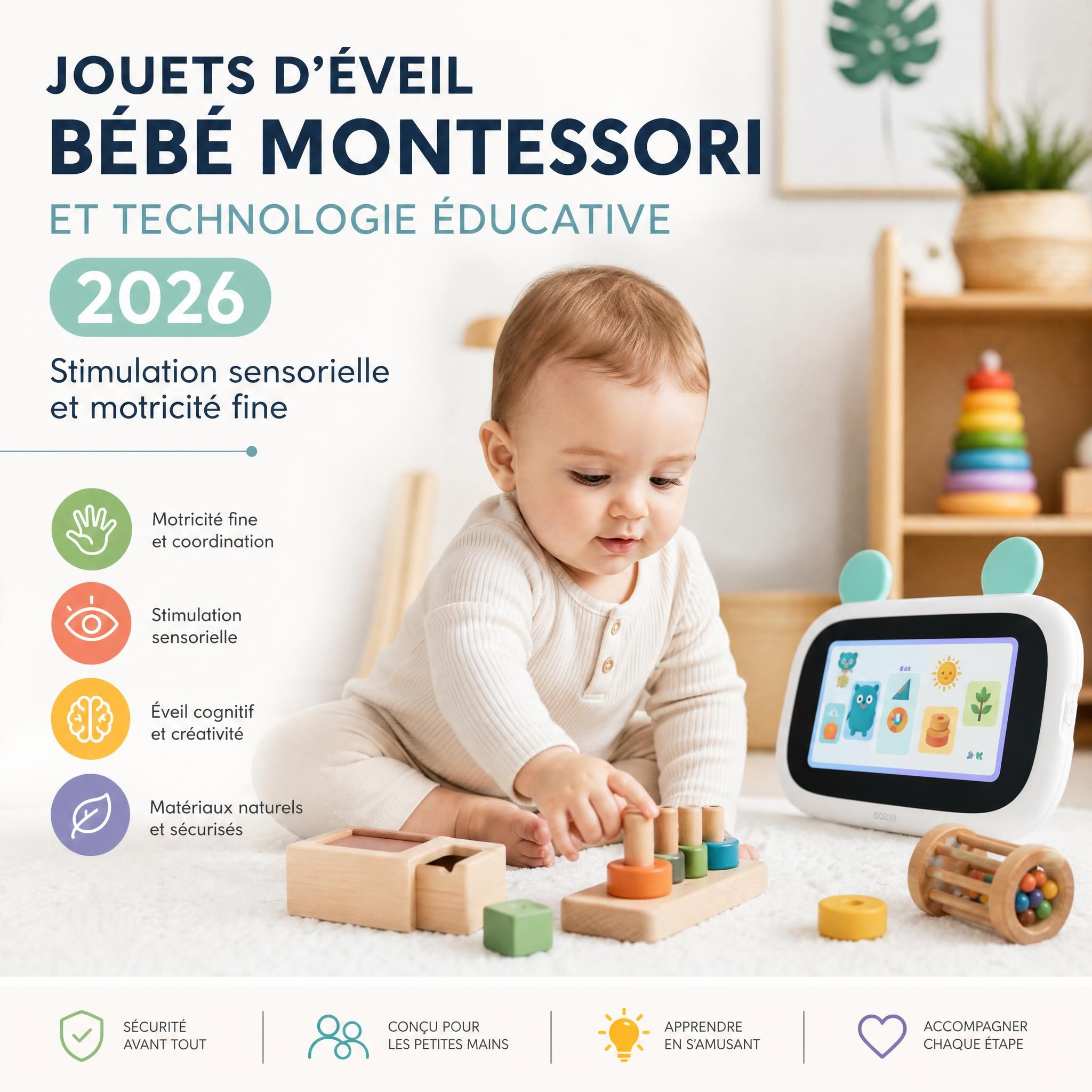 Jouets d'éveil bébé Montessori et technologie éducative 2026, stimulation sensorielle et motricité fine