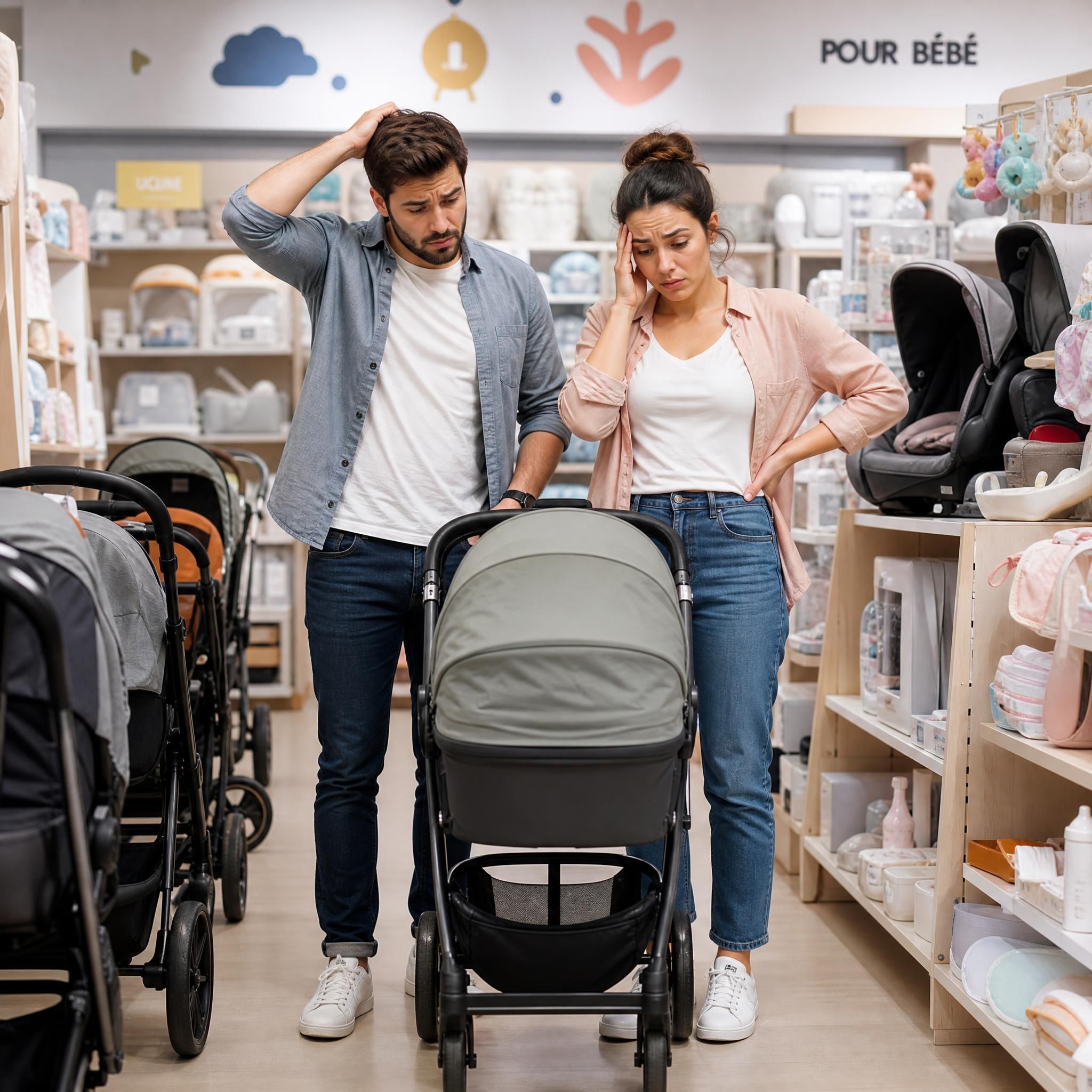 Jeunes parents dépassés devant un rayon de puériculture en magasin bébé, entourés d'accessoires bébé et de poussettes