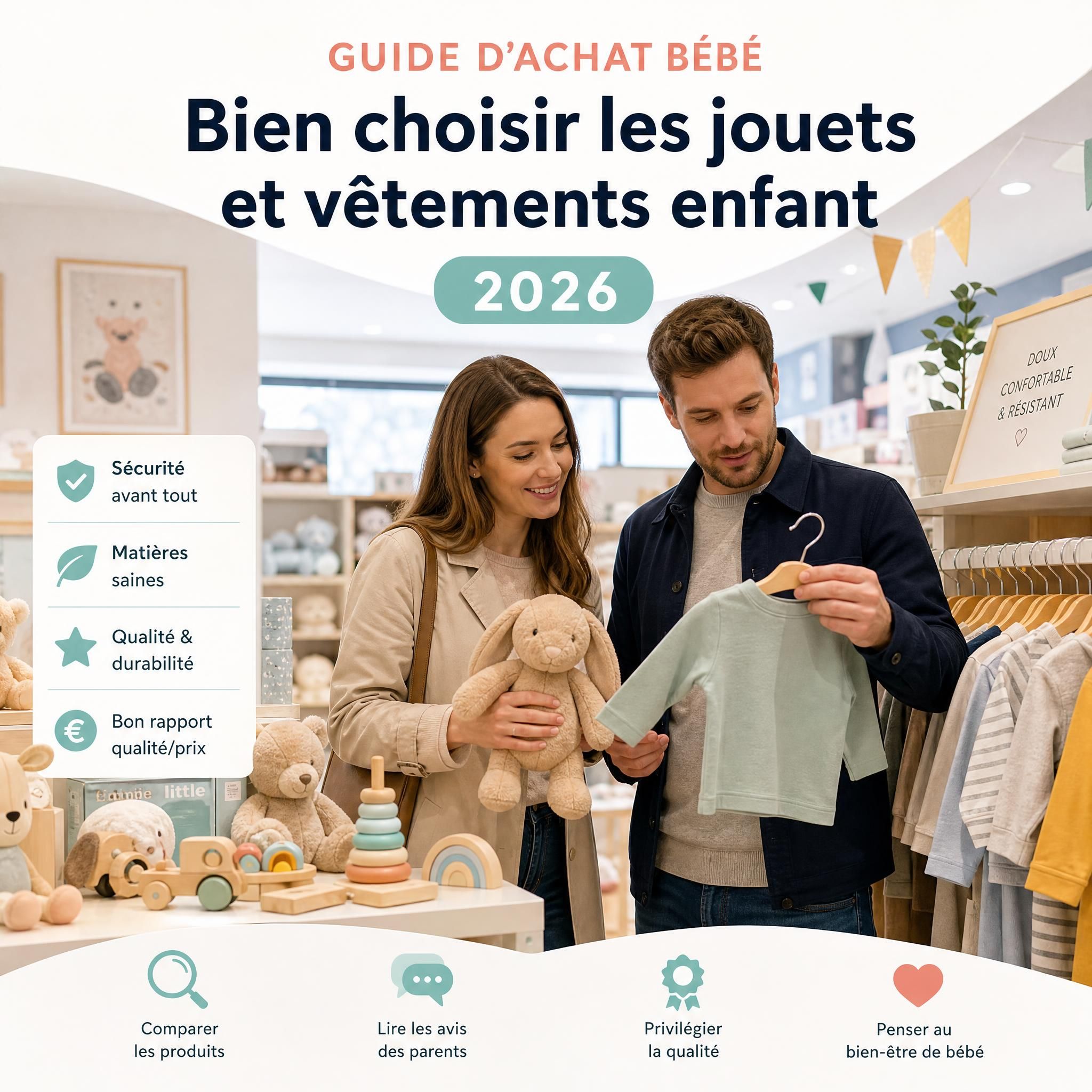 Parents comparant des jouets bébé et des vêtements enfant dans un magasin de puériculture, guide d'achat bébé 2026