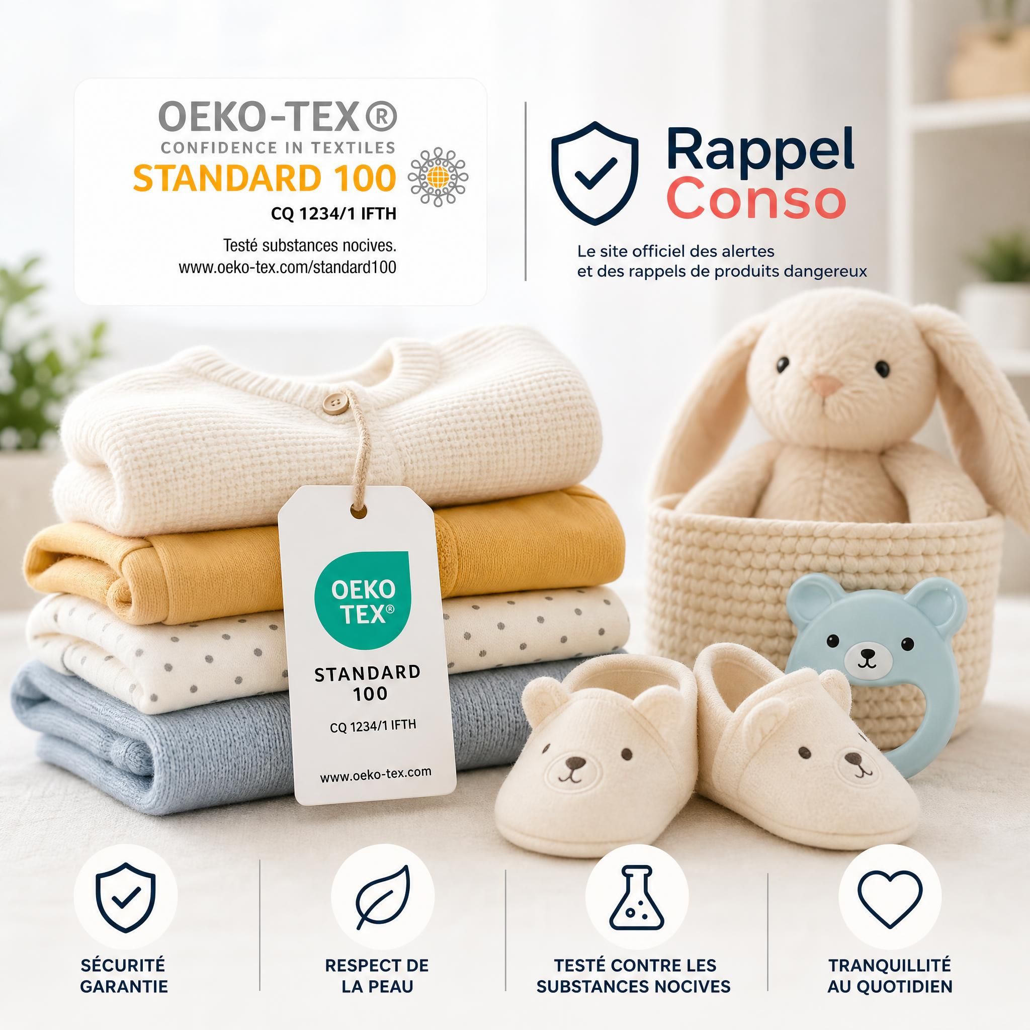 Étiquette de certification Oeko-Tex et logo RappelConso sur des vêtements et accessoires bébé sécurisés