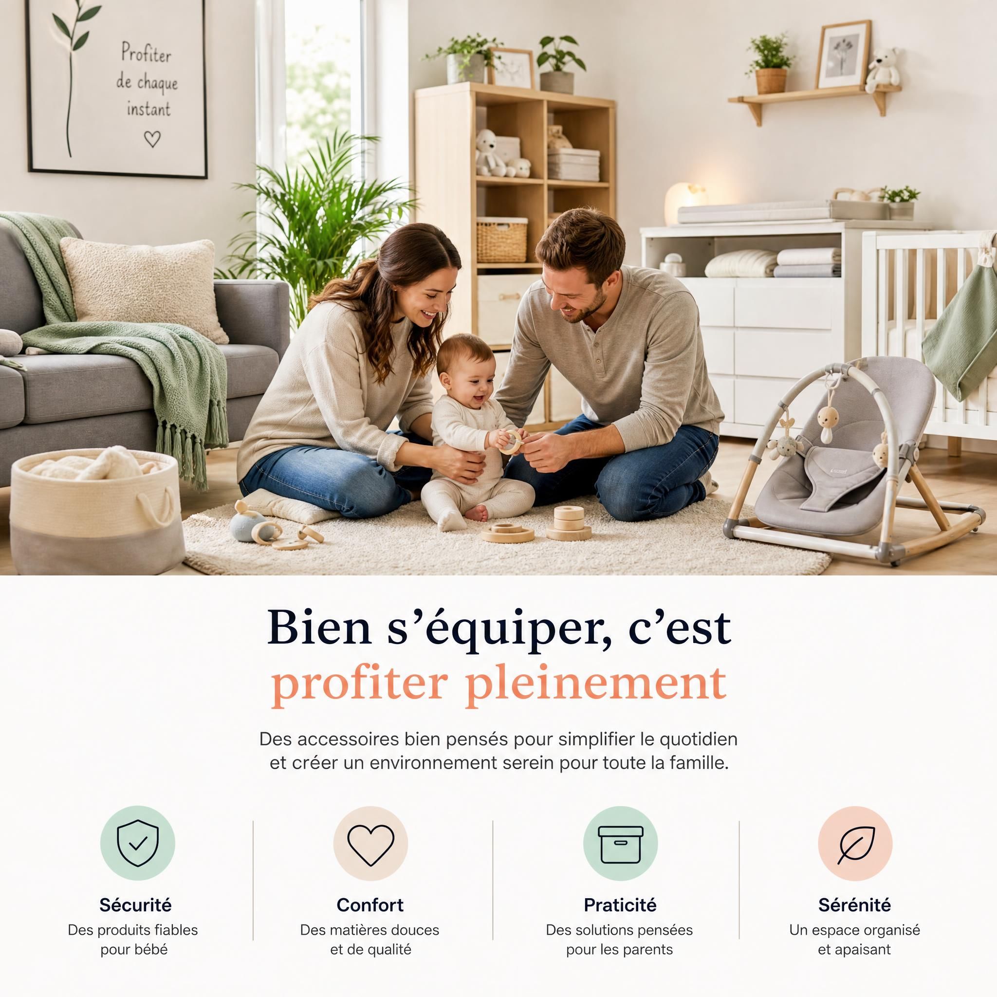Parents épanouis et sereins avec leur bébé dans un espace de vie bien organisé avec des accessoires bébé bien choisis