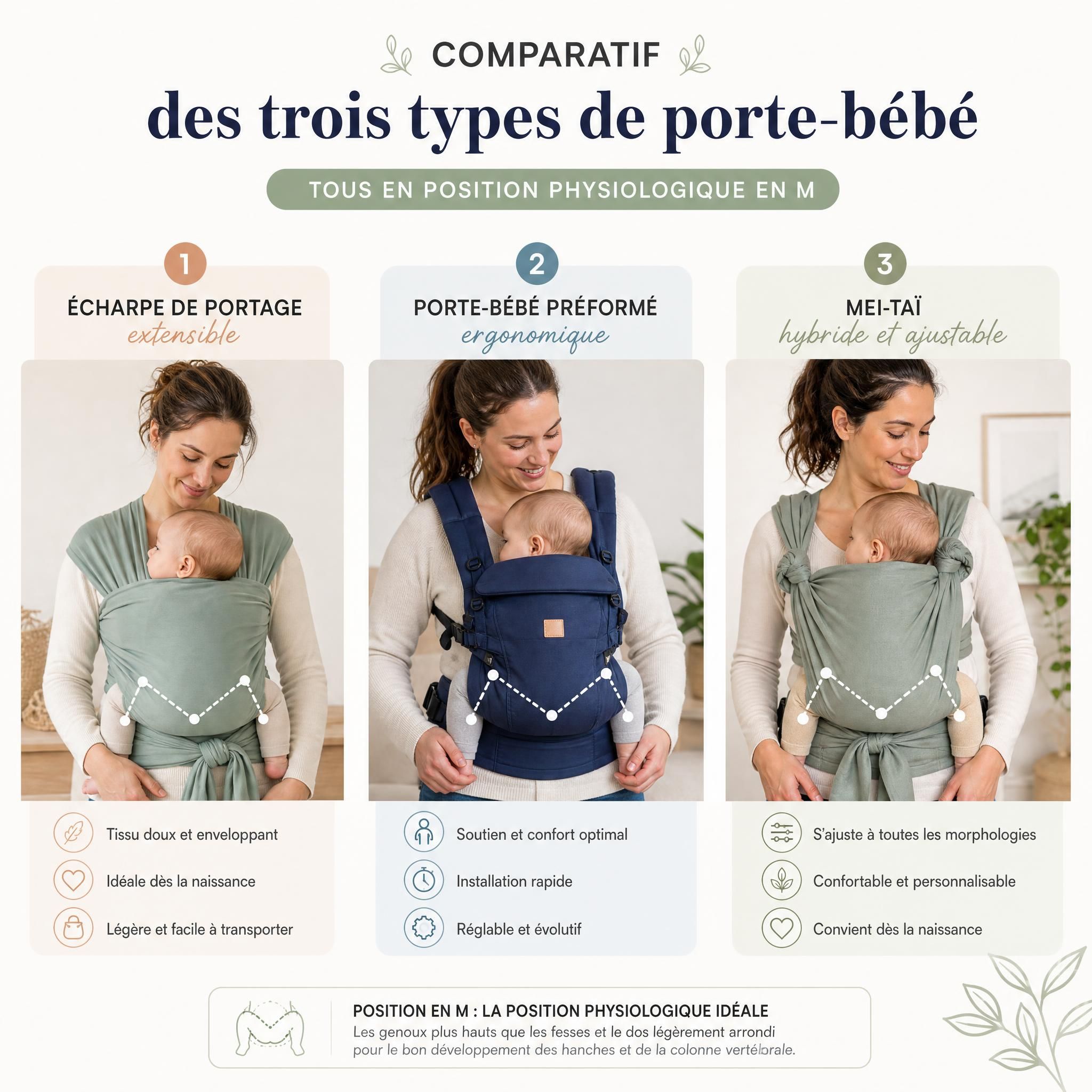 Comparatif des trois types de porte-bébé — écharpe de portage extensible, porte-bébé préformé ergonomique, mei-taï — avec bébé en position en M
