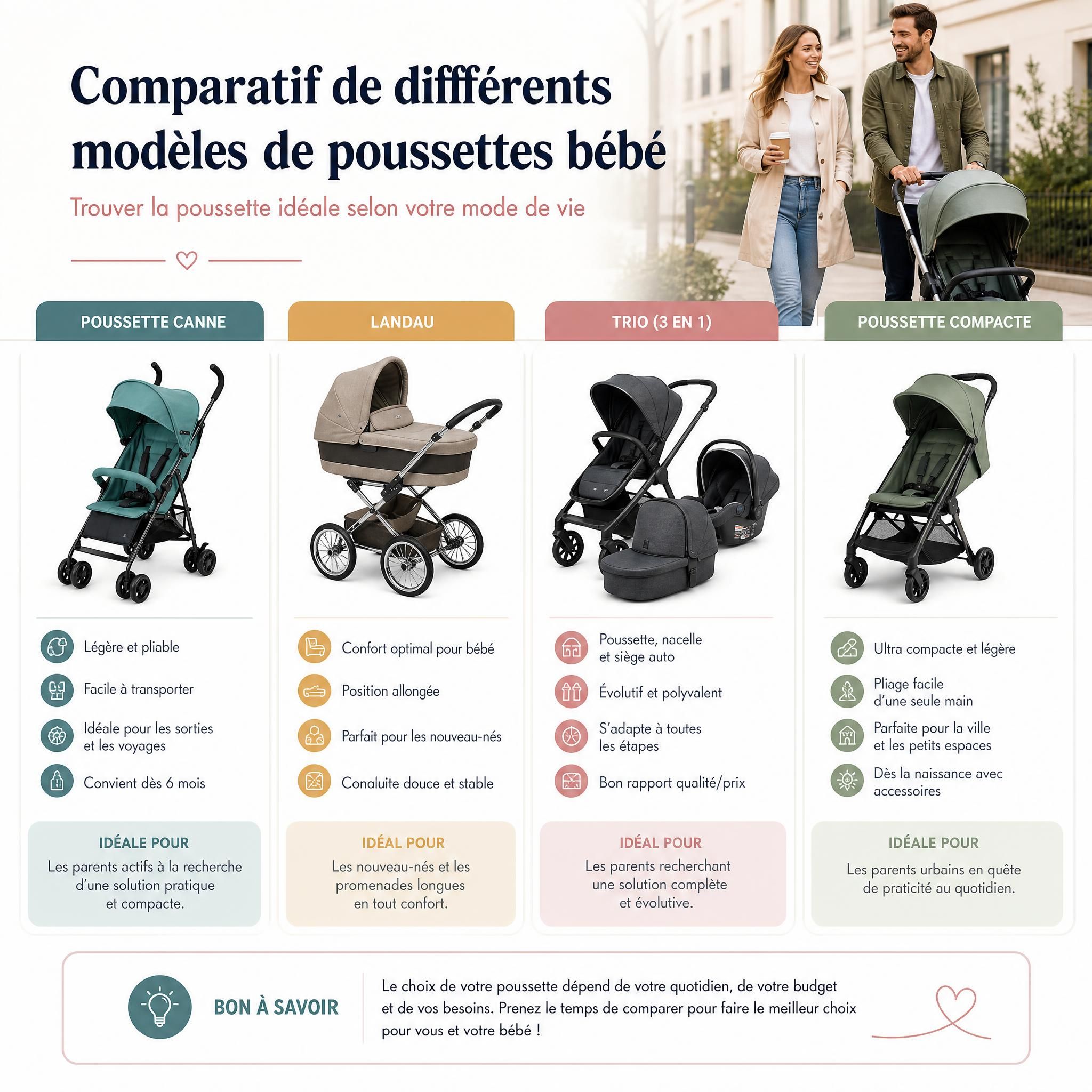 Comparatif de différents modèles de poussettes bébé : poussette canne, landau, trio et poussette compacte pour jeunes parents