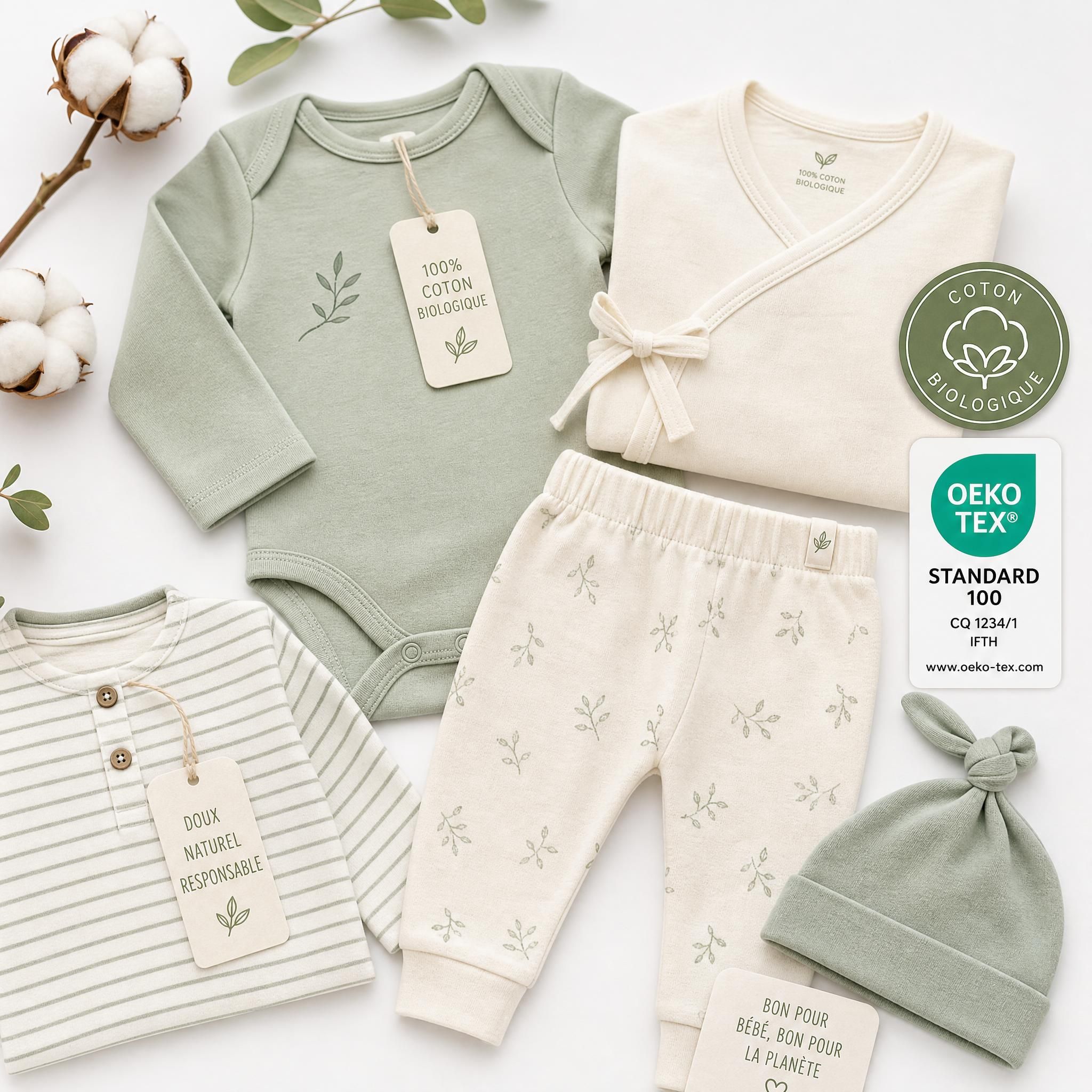 Vêtements bébé en coton biologique certifiés OEKO-TEX étalés sur un fond blanc avec étiquettes de certification visibles
