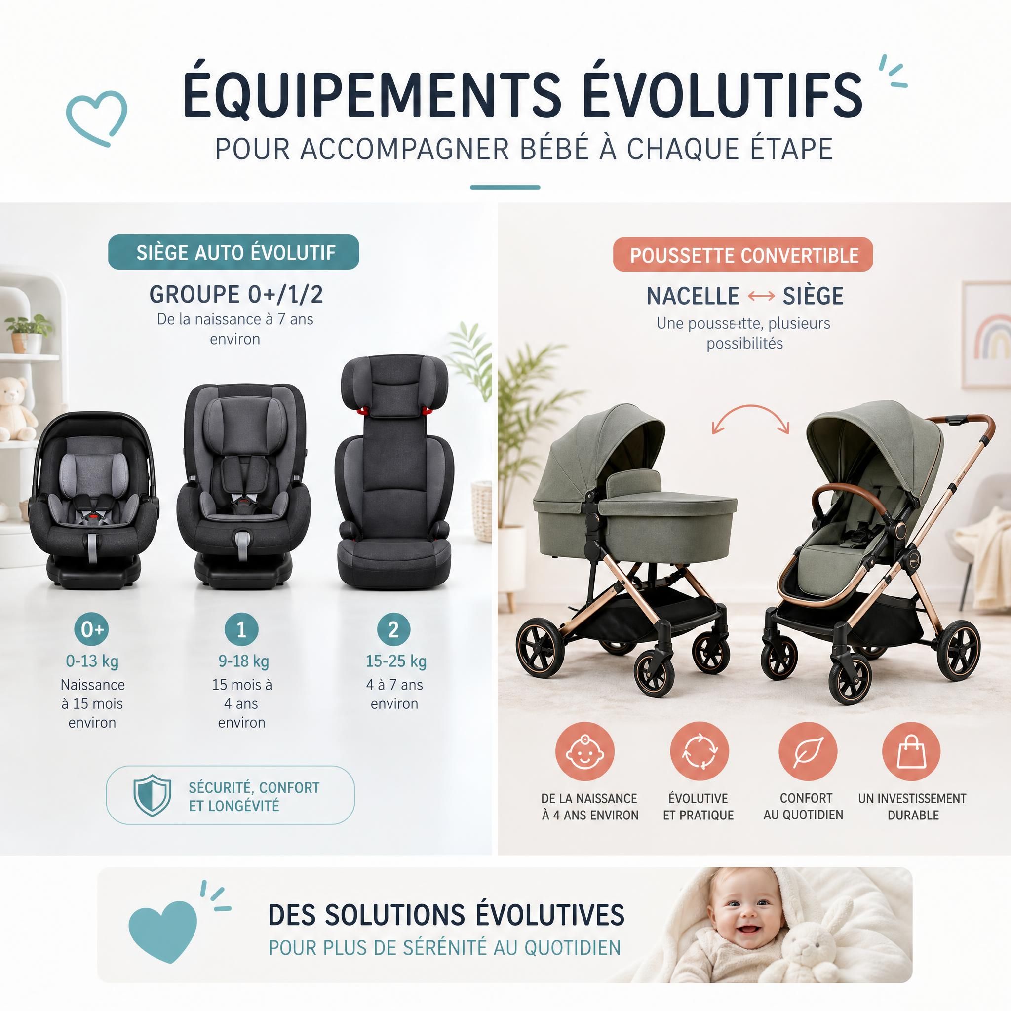 Siège auto évolutif groupe 0+/1/2 et poussette convertible nacelle-siège, exemples d'équipements évolutifs puériculture bébé enfant