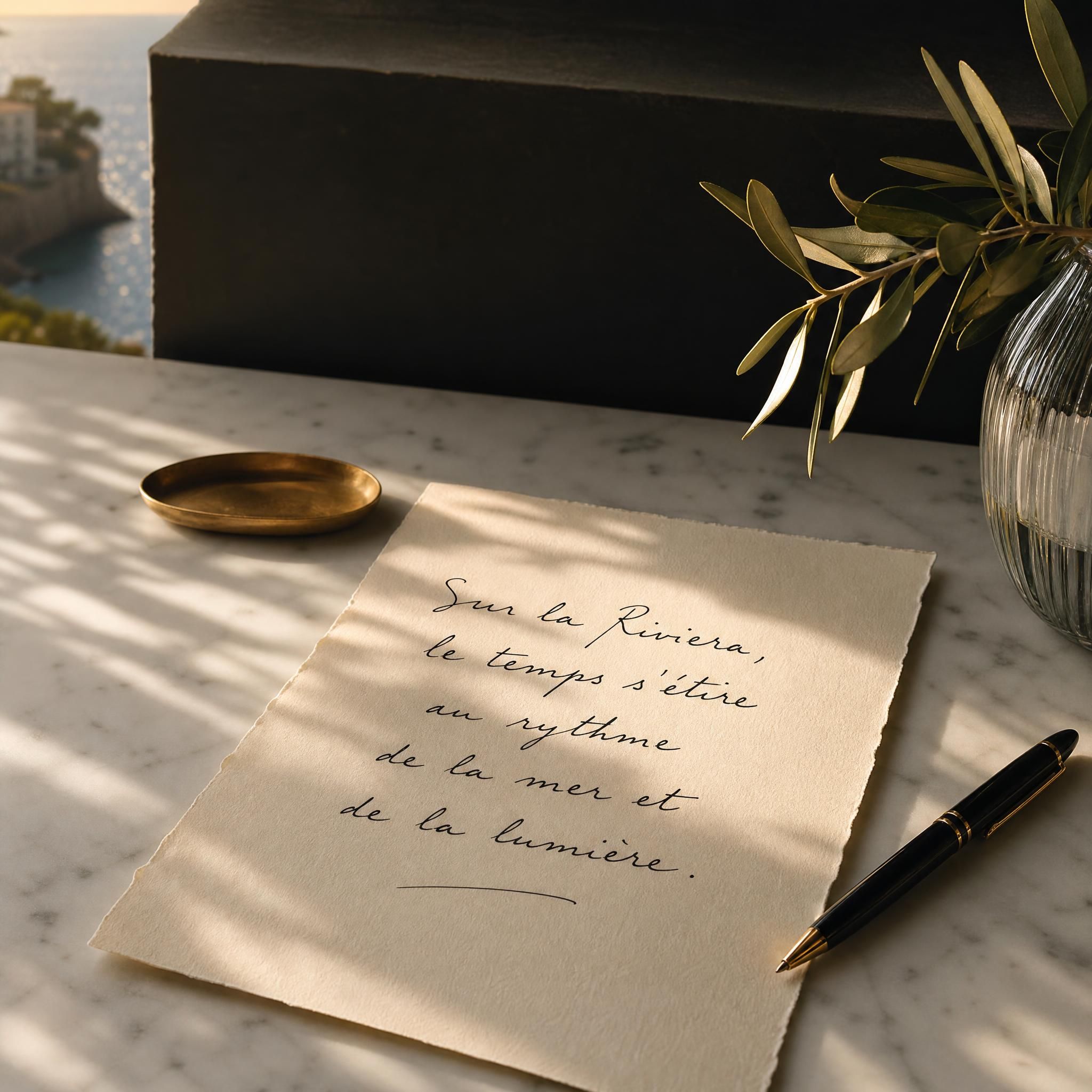 Lumière dorée de la Riviera française se déposant sur une calligraphie manuscrite posée sur une surface en marbre blanc, ambiance slow life méditerranéenne, esthétique minimaliste fond sombre