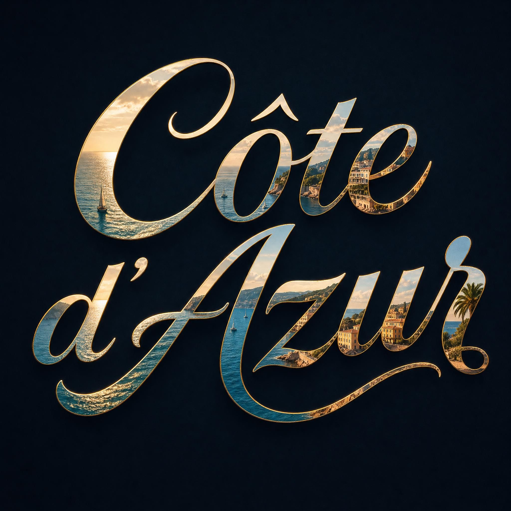 Calligraphic artwork inspired by Mediterranean light — letters composed from sea photographs of the French Riviera, displayed on a dark background with warm golden tones