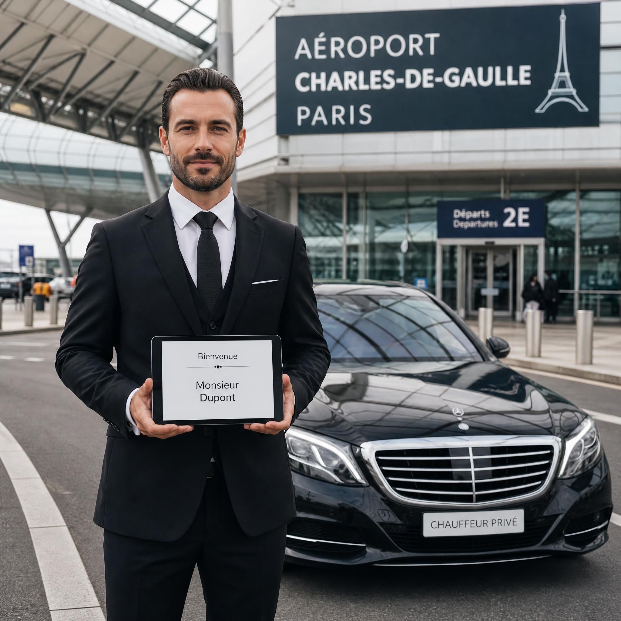 Chauffeur professionnel en costume sombre tenant une tablette nominative devant une berline Mercedes noire à l'aéroport Charles-de-Gaulle, Paris