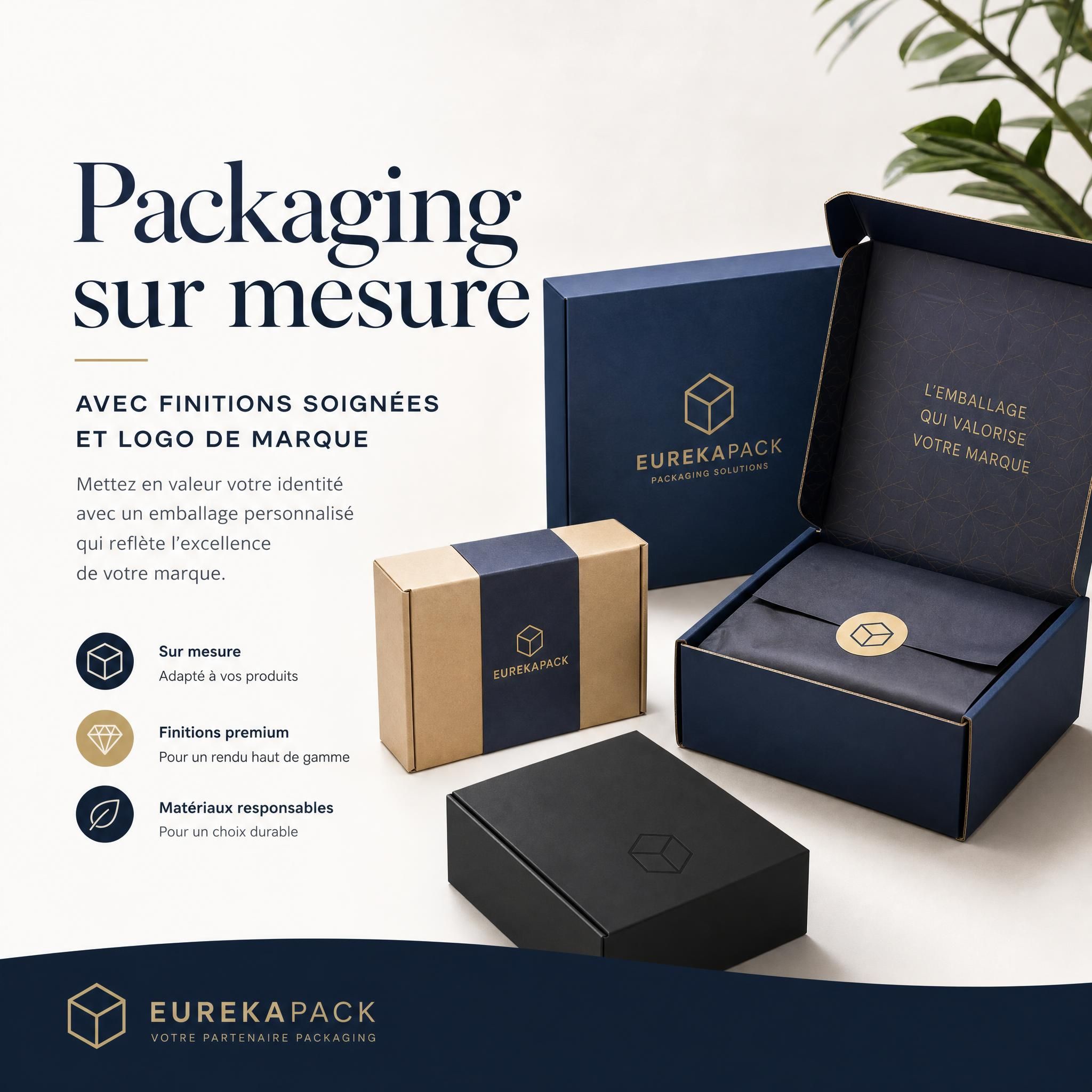 Packaging sur mesure avec finitions soignées et logo de marque — emballage personnalisé premium EUREKAPACK