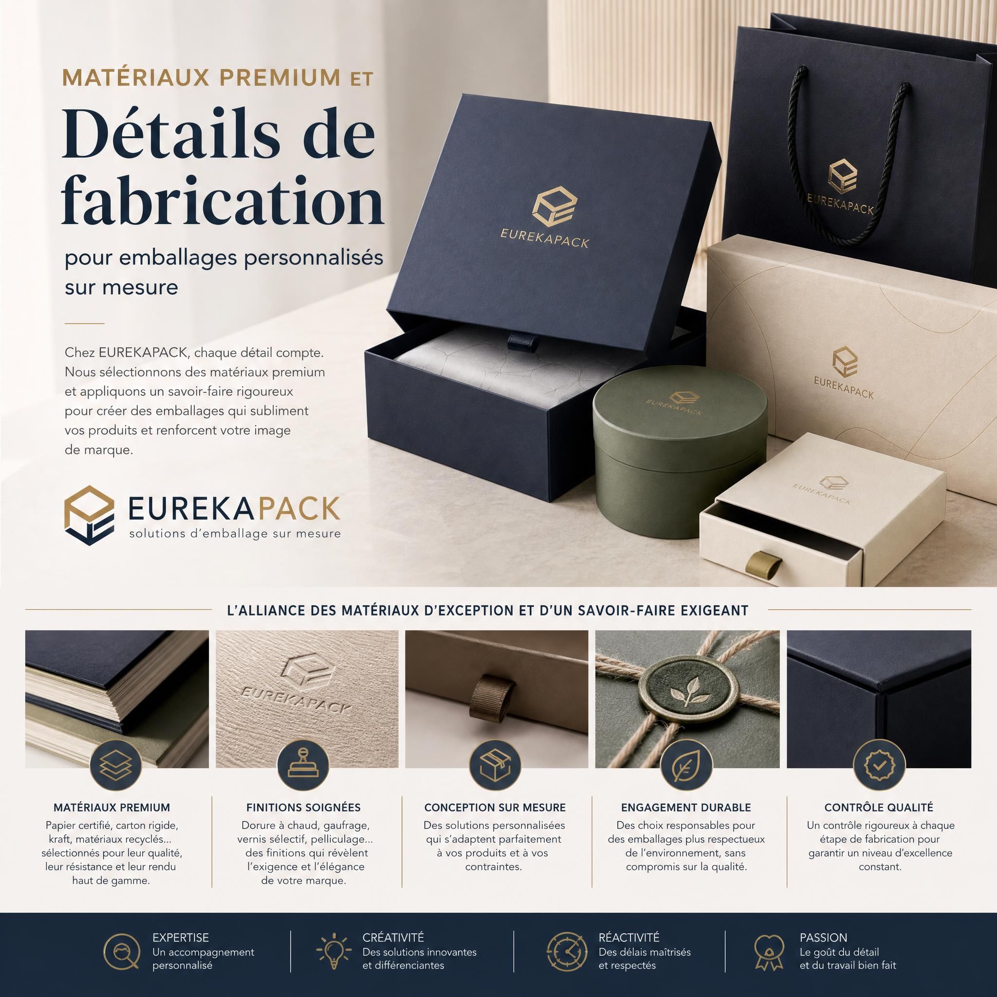 Matériaux premium et détails de fabrication pour emballages personnalisés sur mesure — solutions d'emballage EUREKAPACK