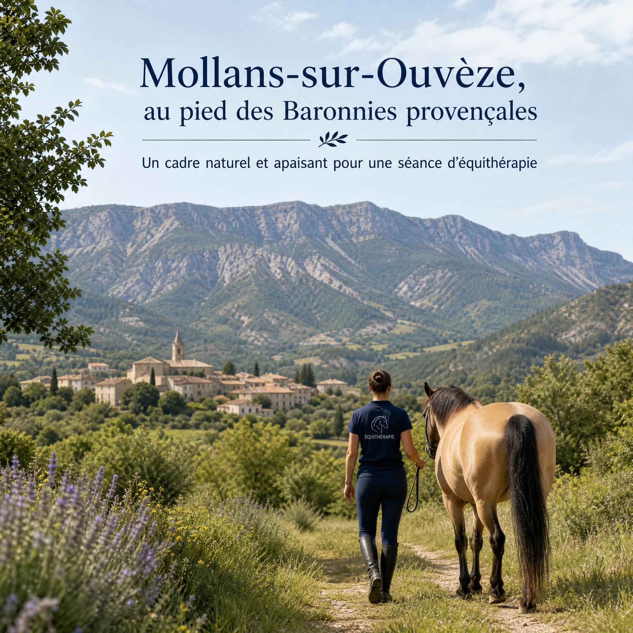 Paysage provençal de Mollans-sur-Ouvèze au pied des Baronnies provençales, cadre naturel et apaisant pour une séance d'équithérapie