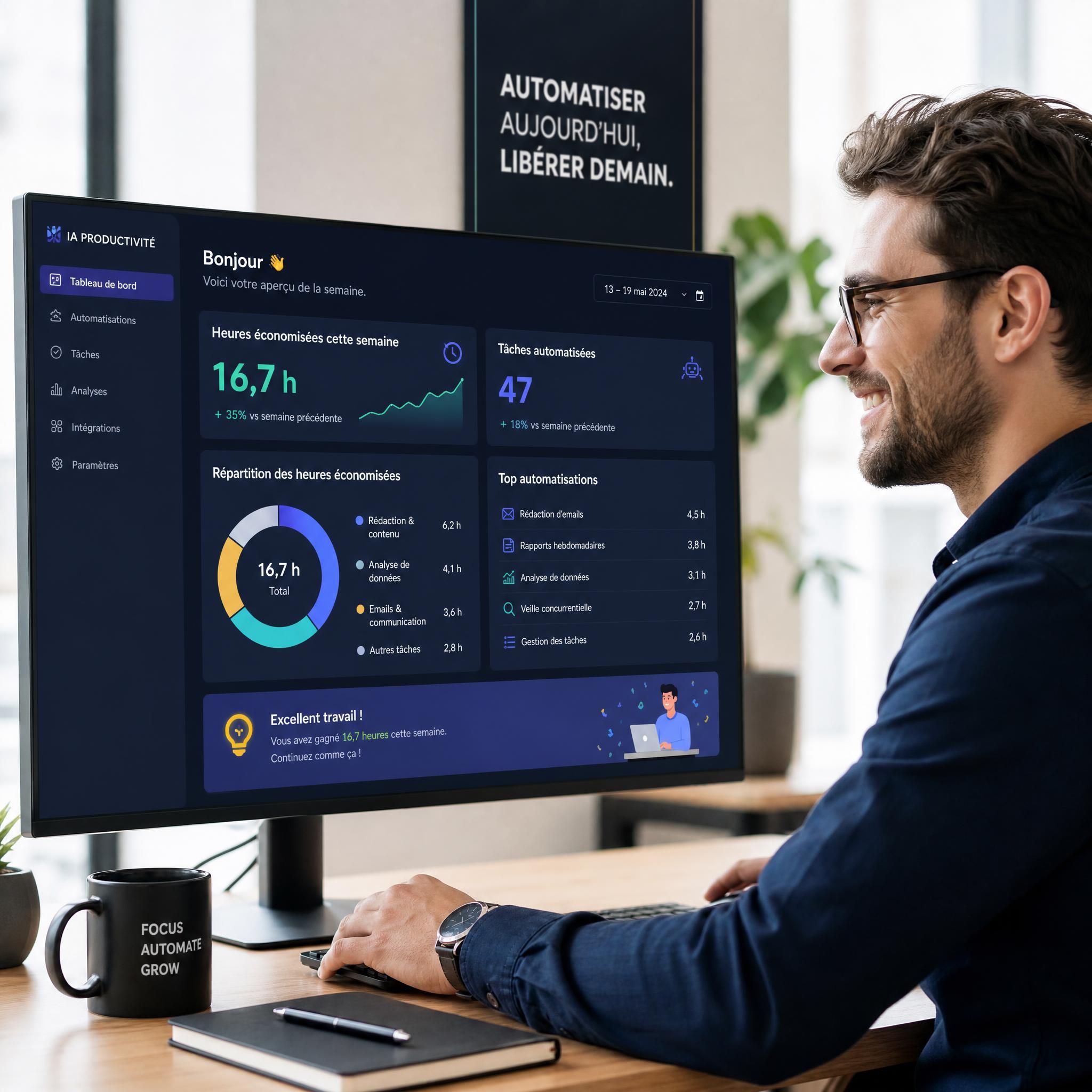 Entrepreneur souriant consultant son tableau de bord de productivité IA montrant les heures économisées cette semaine