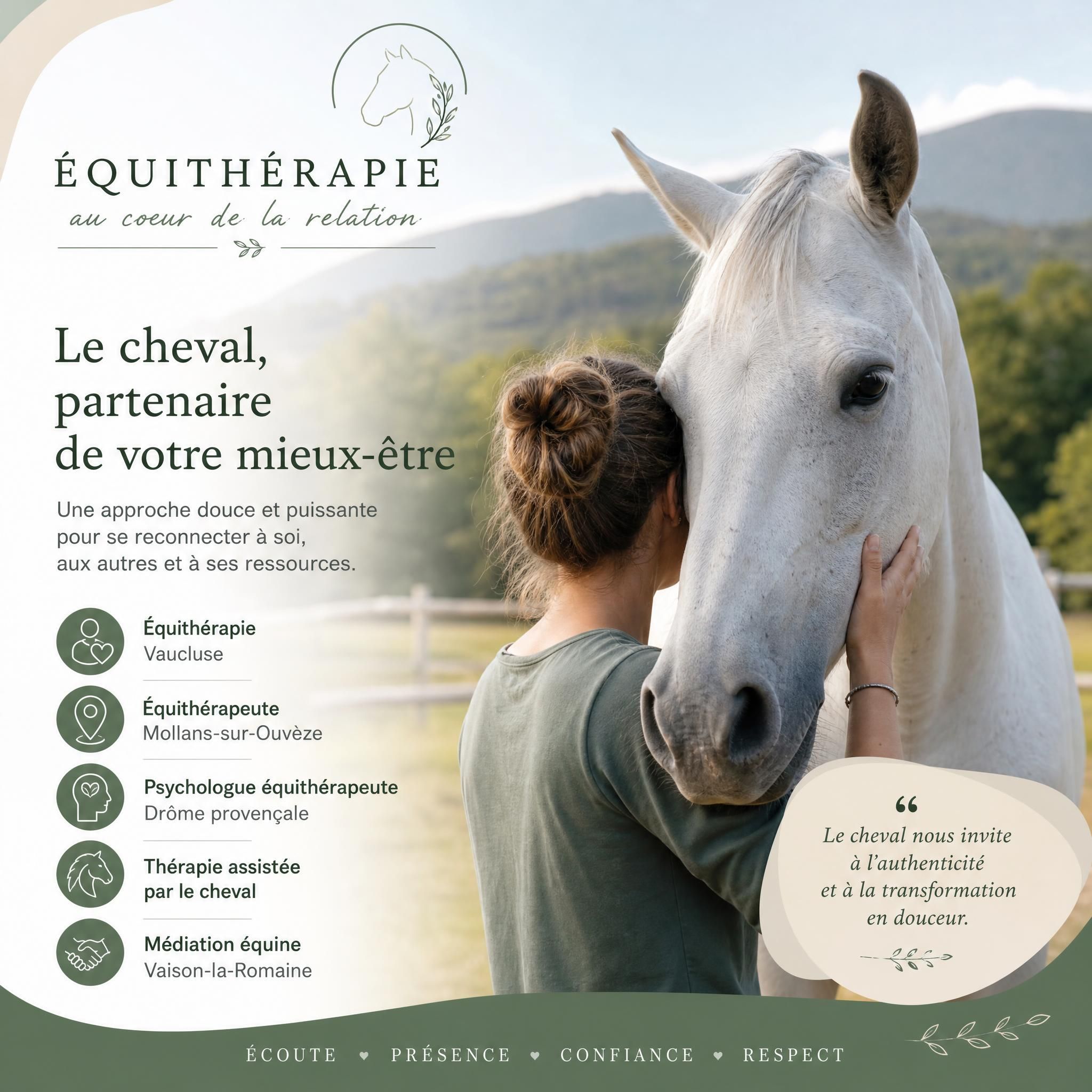 Équithérapie Vaucluse - Équithérapeute Mollans-sur-Ouvèze - Psychologue équithérapeute Drôme provençale - Thérapie assistée par le cheval - Médiation équine Vaison-la-Romaine
