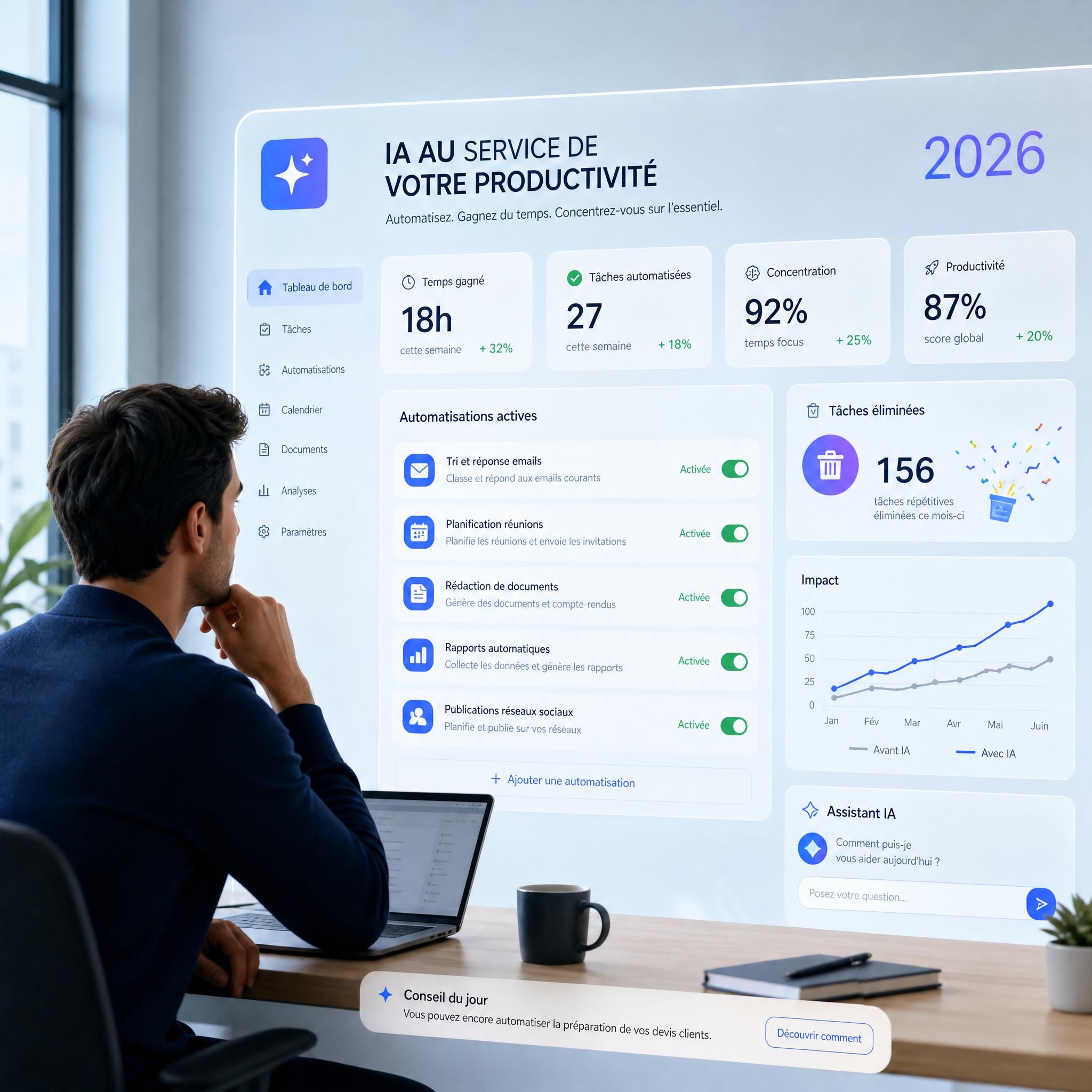 Entrepreneur devant un tableau de bord IA automatisant ses tâches répétitives quotidiennes en 2026