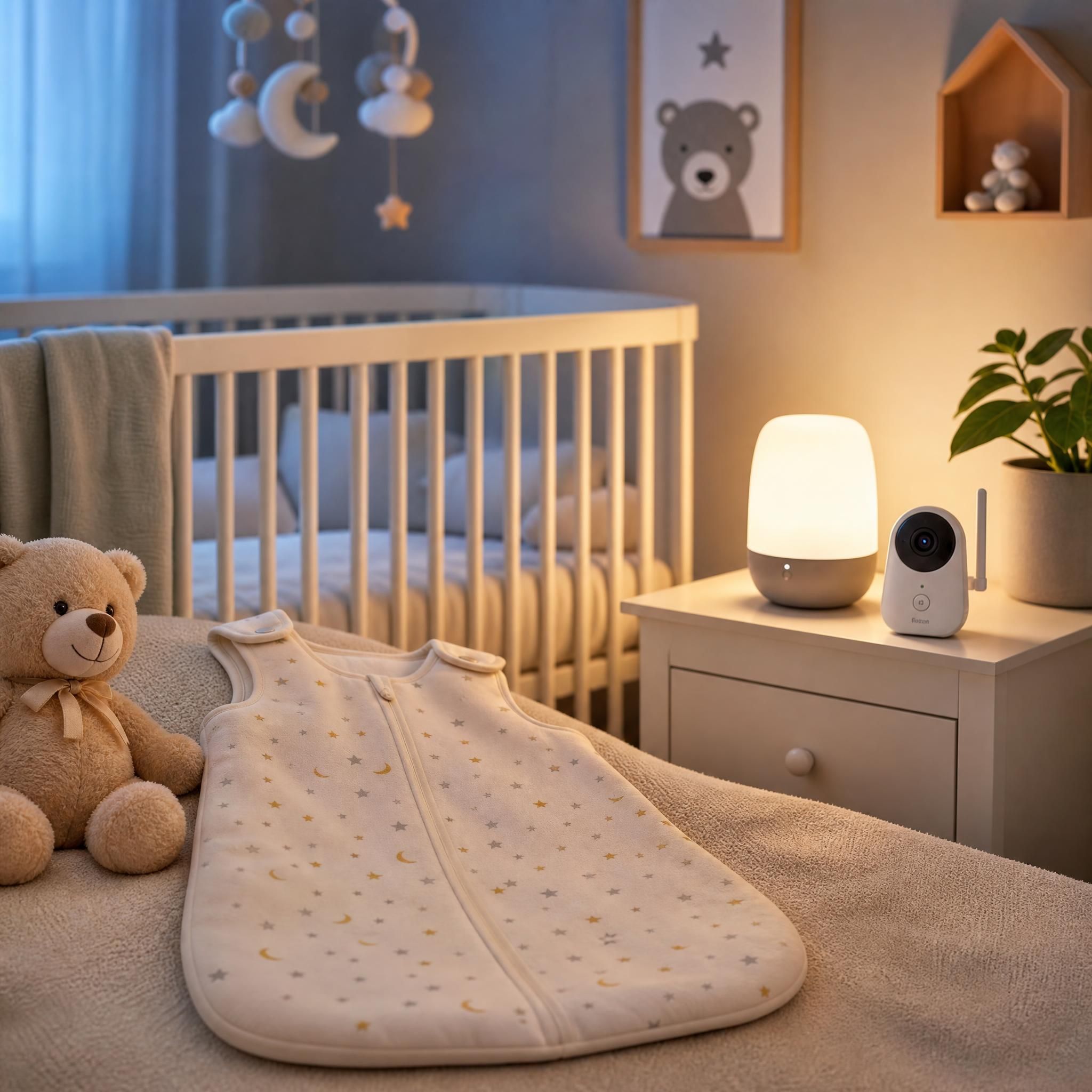 chambre de bébé douce et apaisante avec veilleuse tamisée, gigoteuse et moniteur bébé sur la table de nuit