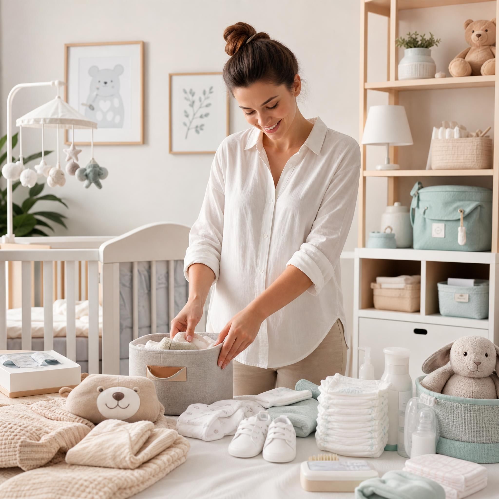 jeune mère souriante préparant la chambre de bébé avec des accessoires de puériculture soigneusement organisés