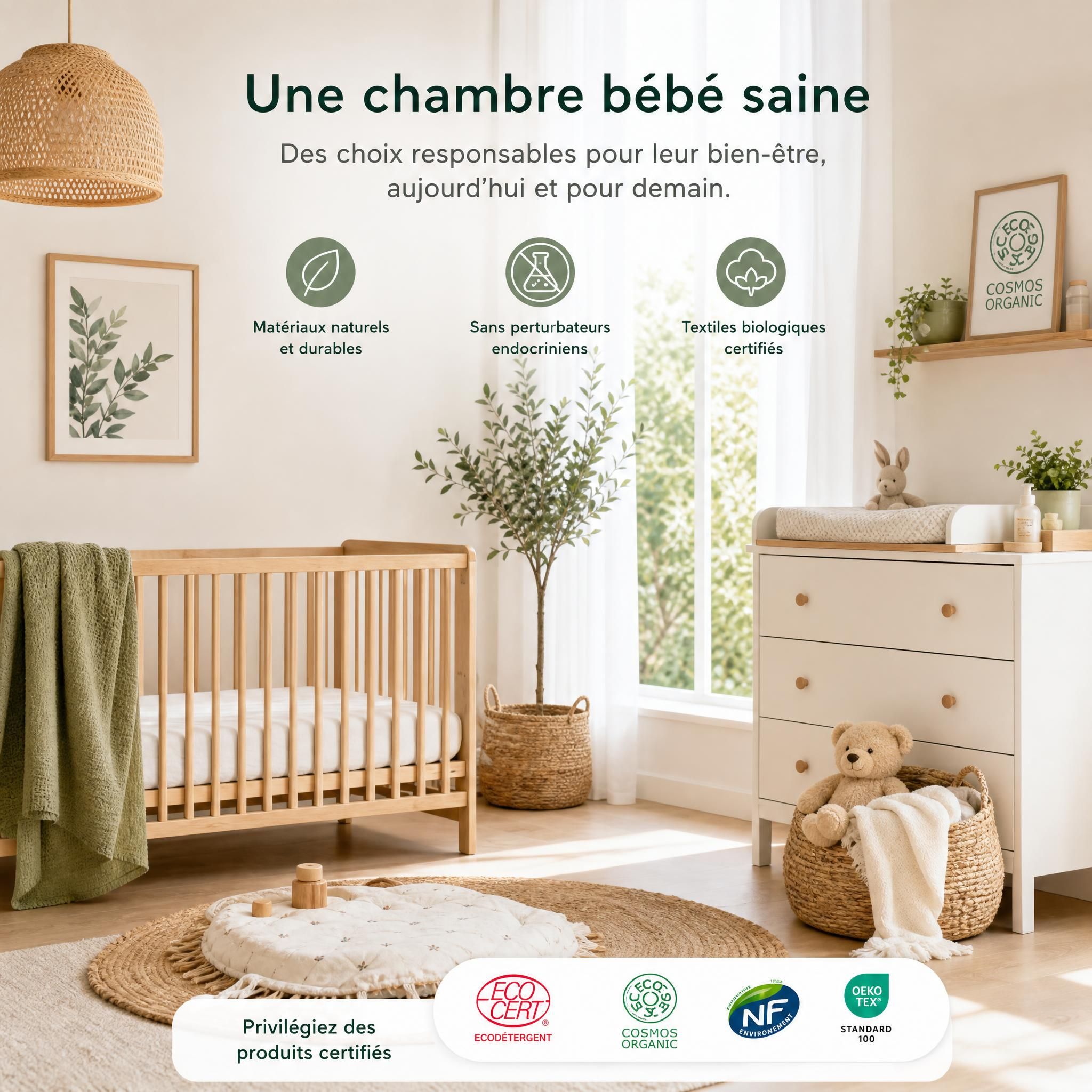 Chambre bébé saine avec produits certifiés sans perturbateurs endocriniens, matériaux naturels et biologiques
