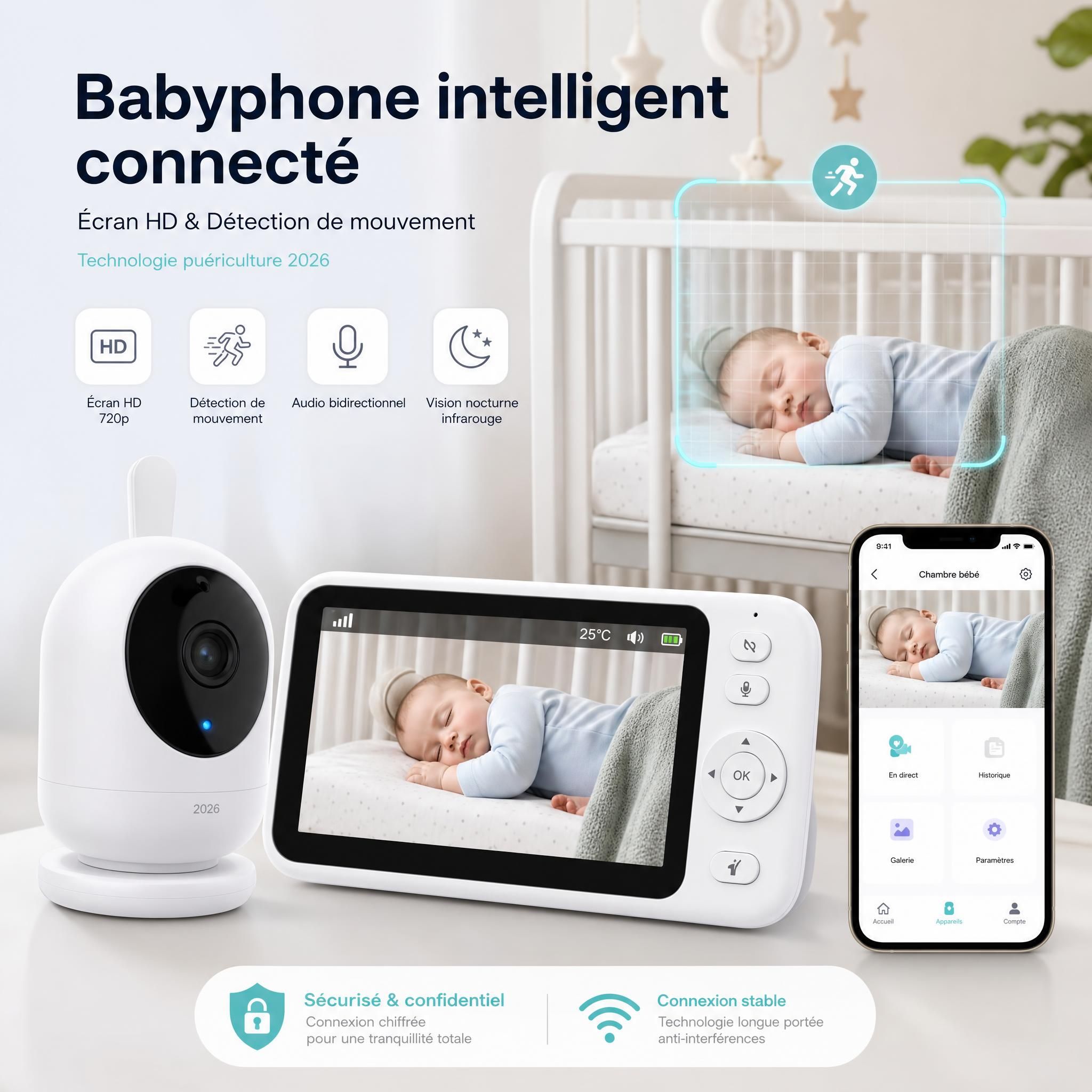 Babyphone intelligent connecté avec écran HD et détection de mouvement - technologie puériculture 2026