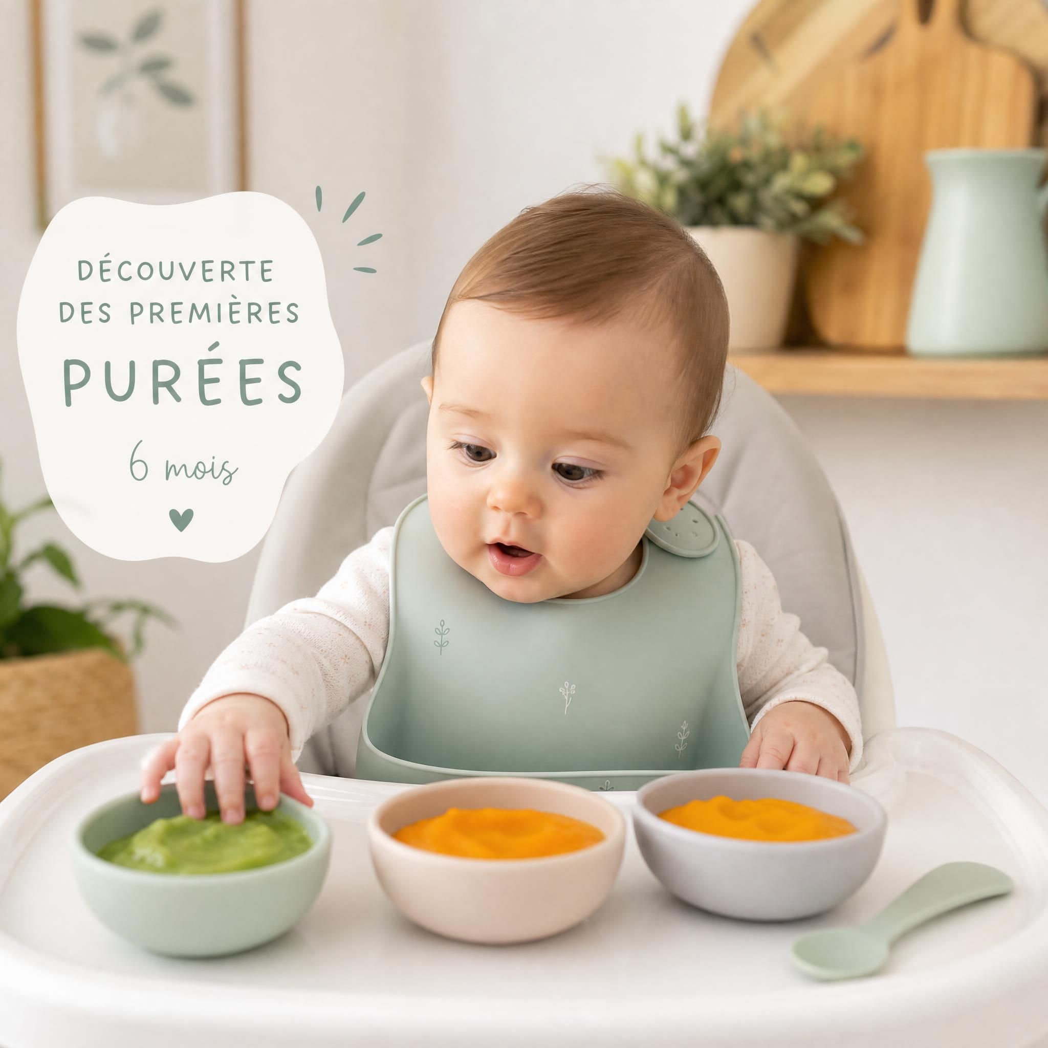 bébé de 6 mois assis dans sa chaise haute découvrant ses premières purées de légumes colorées avec curiosité