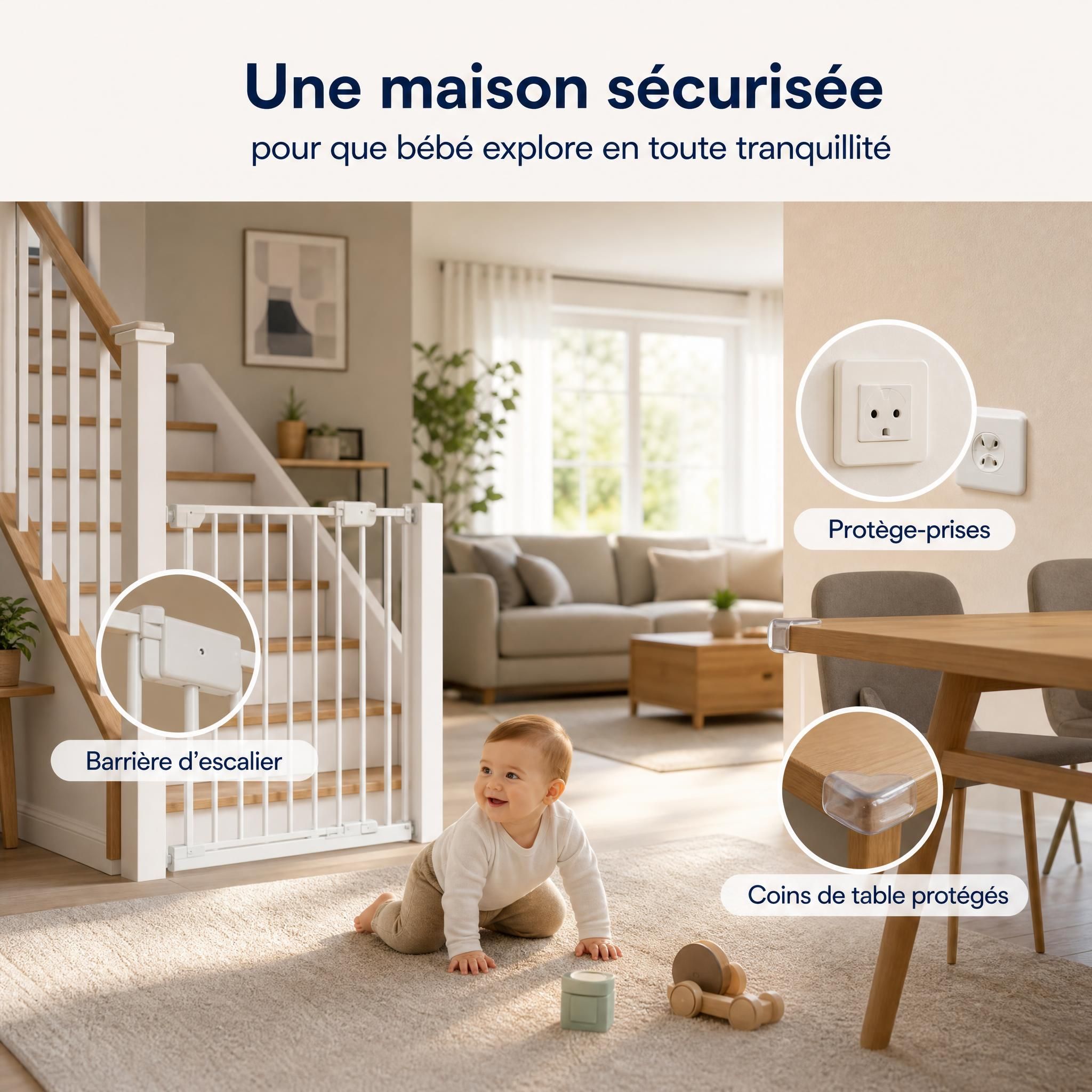 maison sécurisée pour bébé avec barrière d'escalier, protège-prises et coins de table protégés