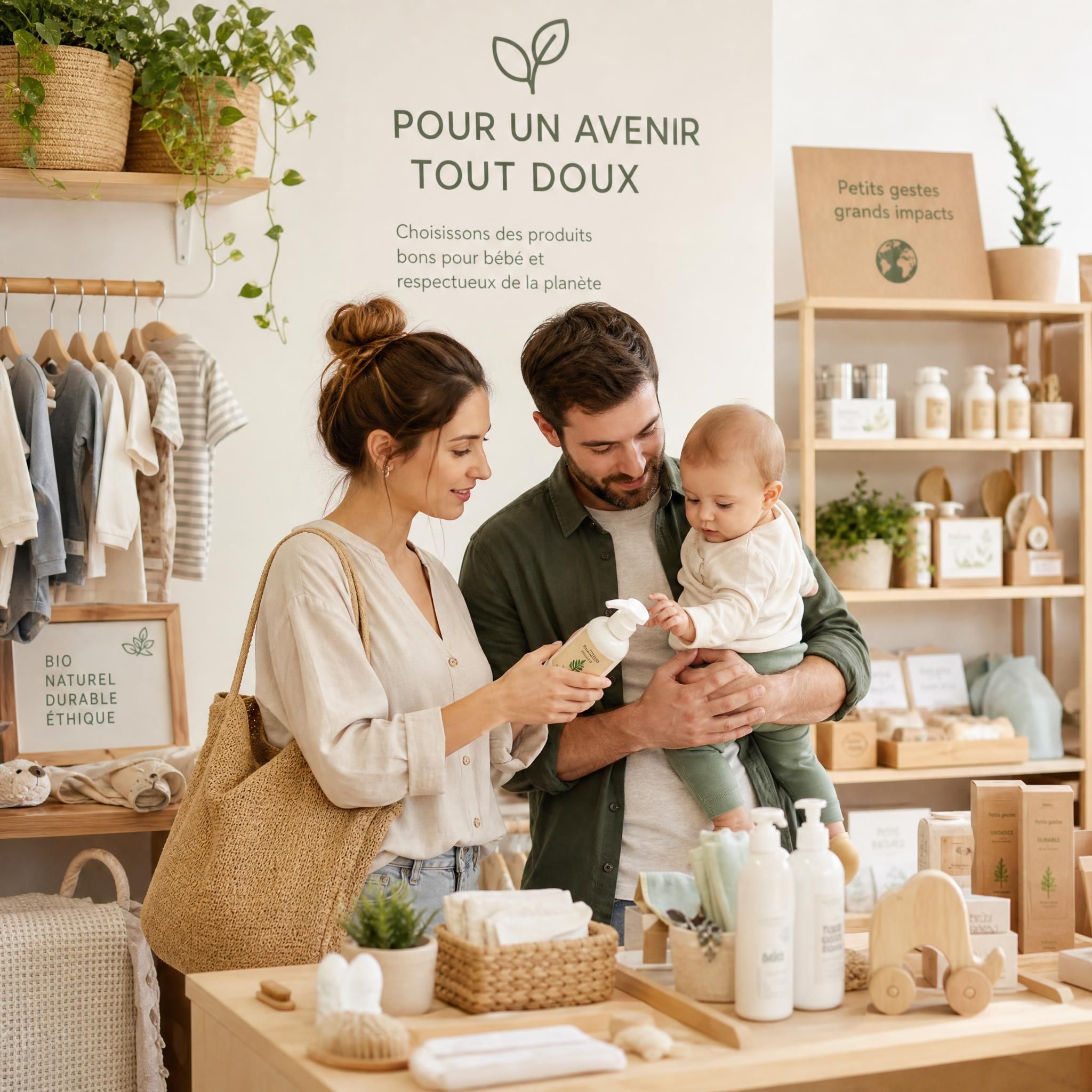 Parents conscients choisissant des produits bébé éco-responsables dans une boutique de puériculture éthique