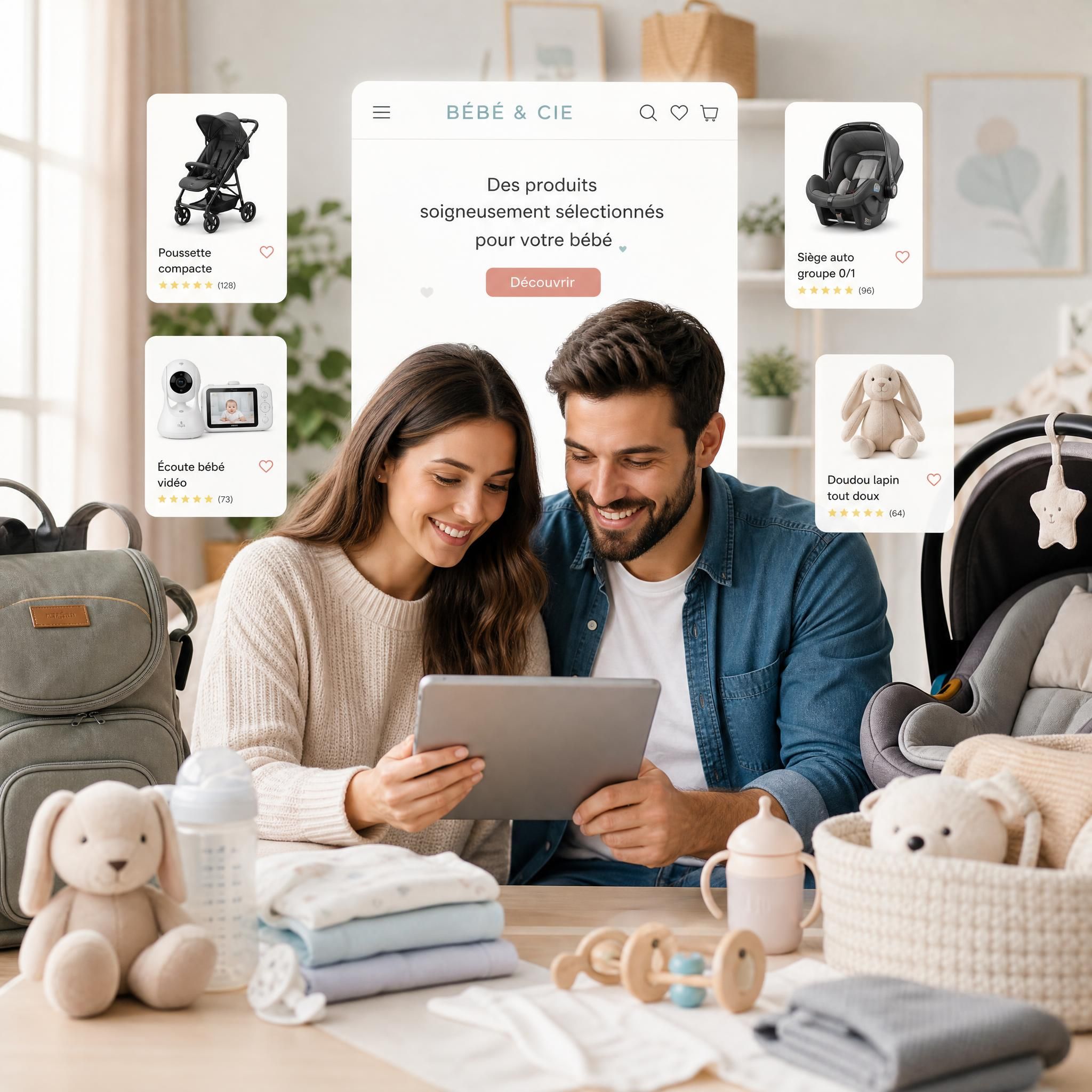 parents heureux consultant un site e-commerce de puériculture sur tablette avec des produits bébé soigneusement sélectionnés autour d'eux
