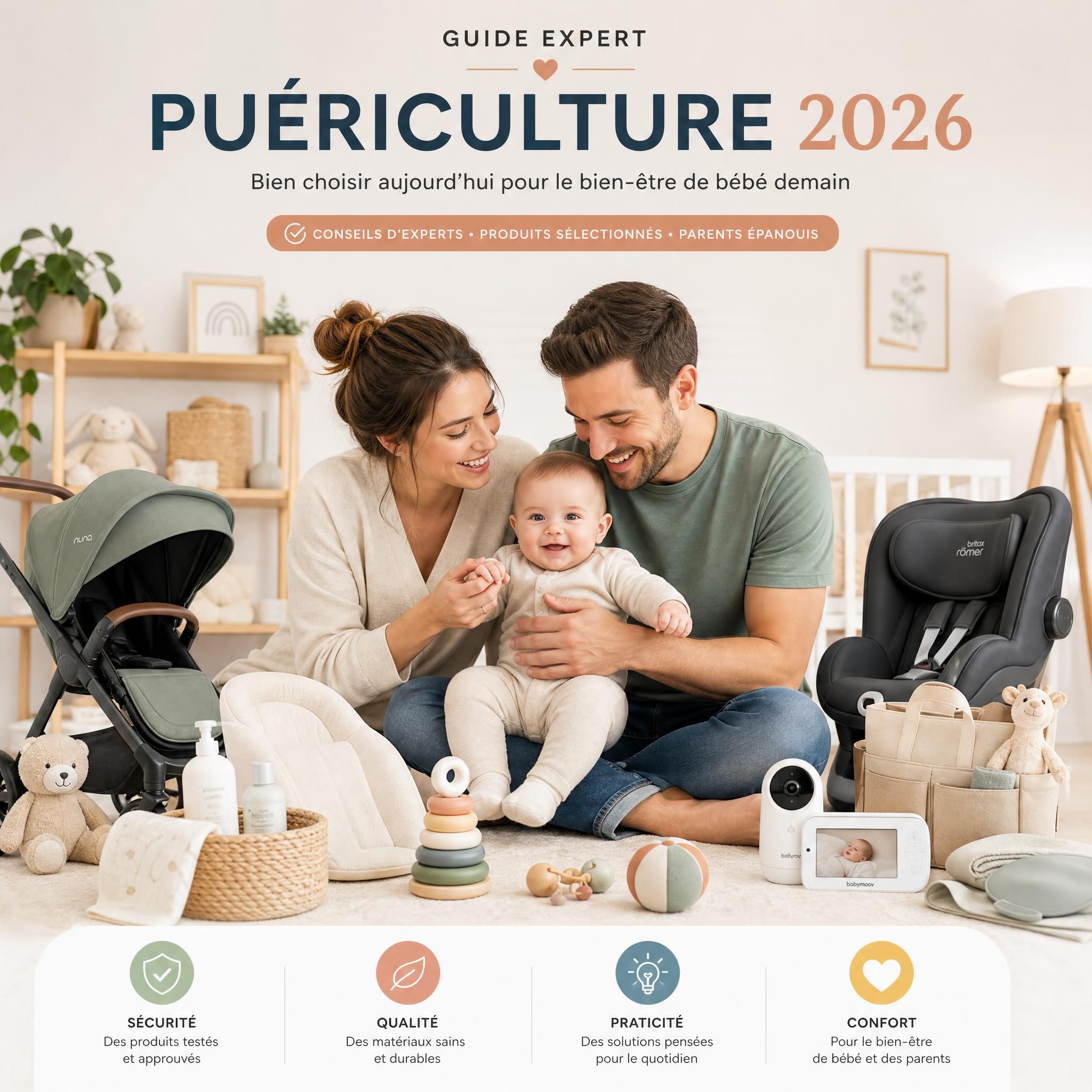 Guide expert puériculture 2026 - parents heureux avec bébé entourés d'accessoires bébé soigneusement sélectionnés
