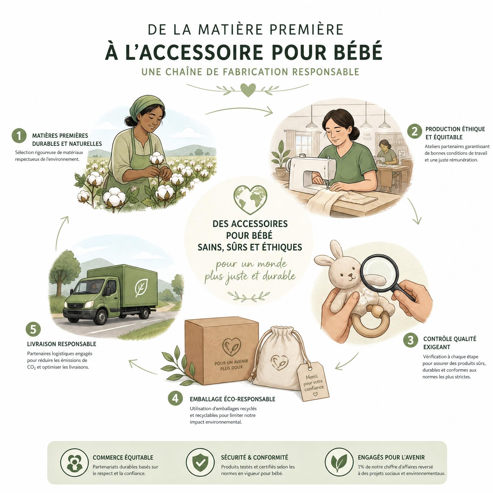 Illustration éthique chaîne de fabrication responsable accessoires bébé certifiés commerce équitable