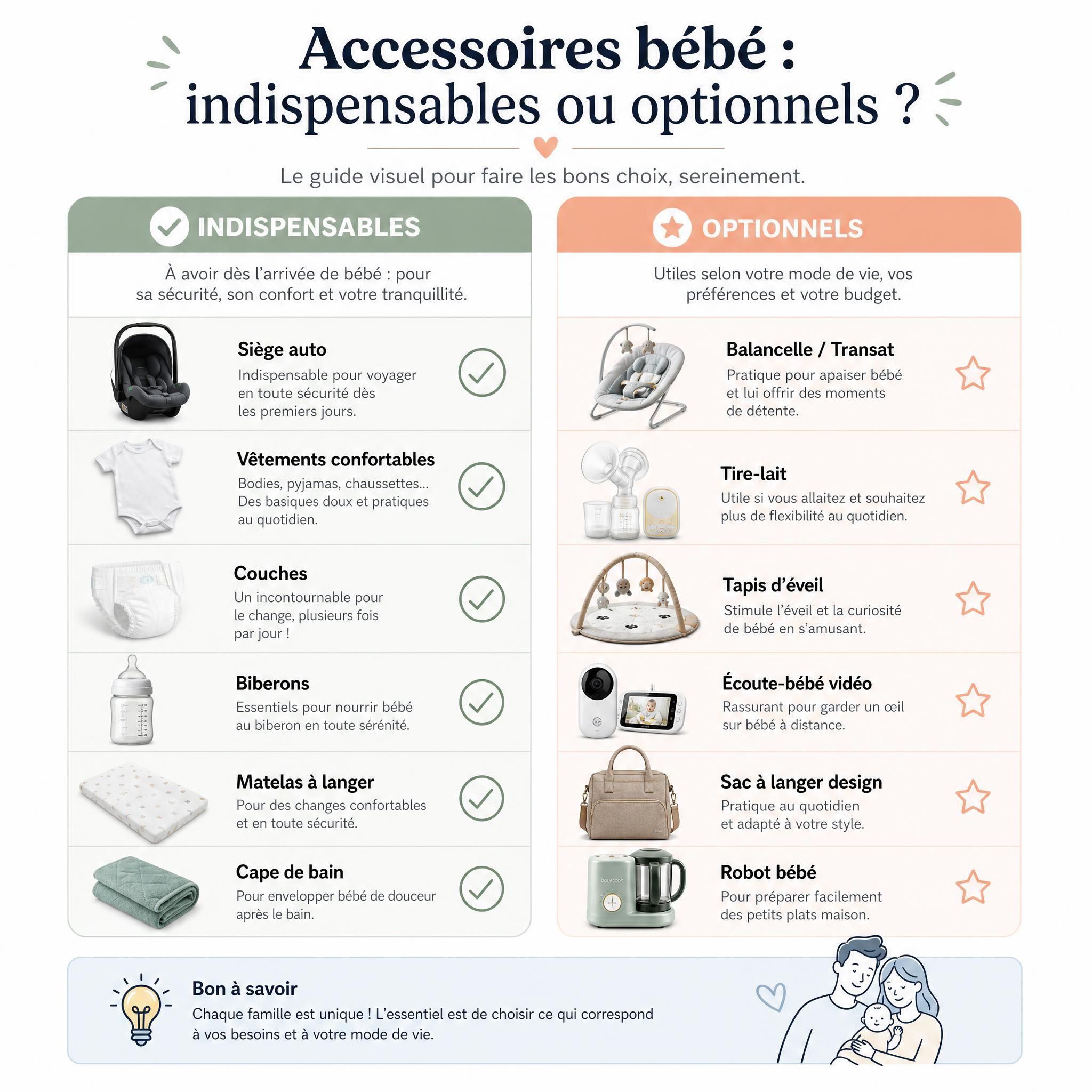 Tableau comparatif accessoires bébé indispensables vs optionnels - guide visuel pour jeunes parents