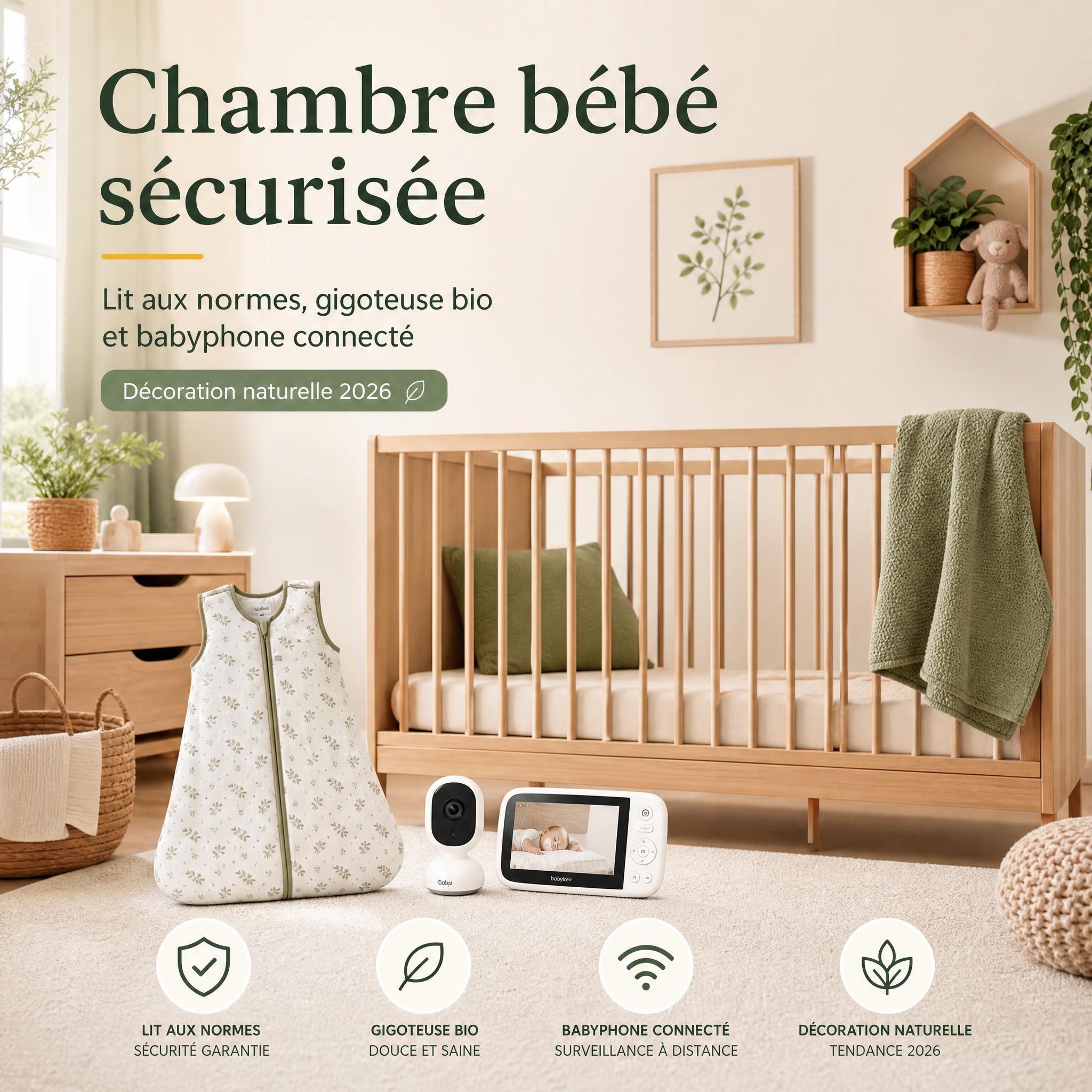 Chambre bébé sécurisée avec lit aux normes, gigoteuse bio et babyphone connecté - décoration naturelle 2026