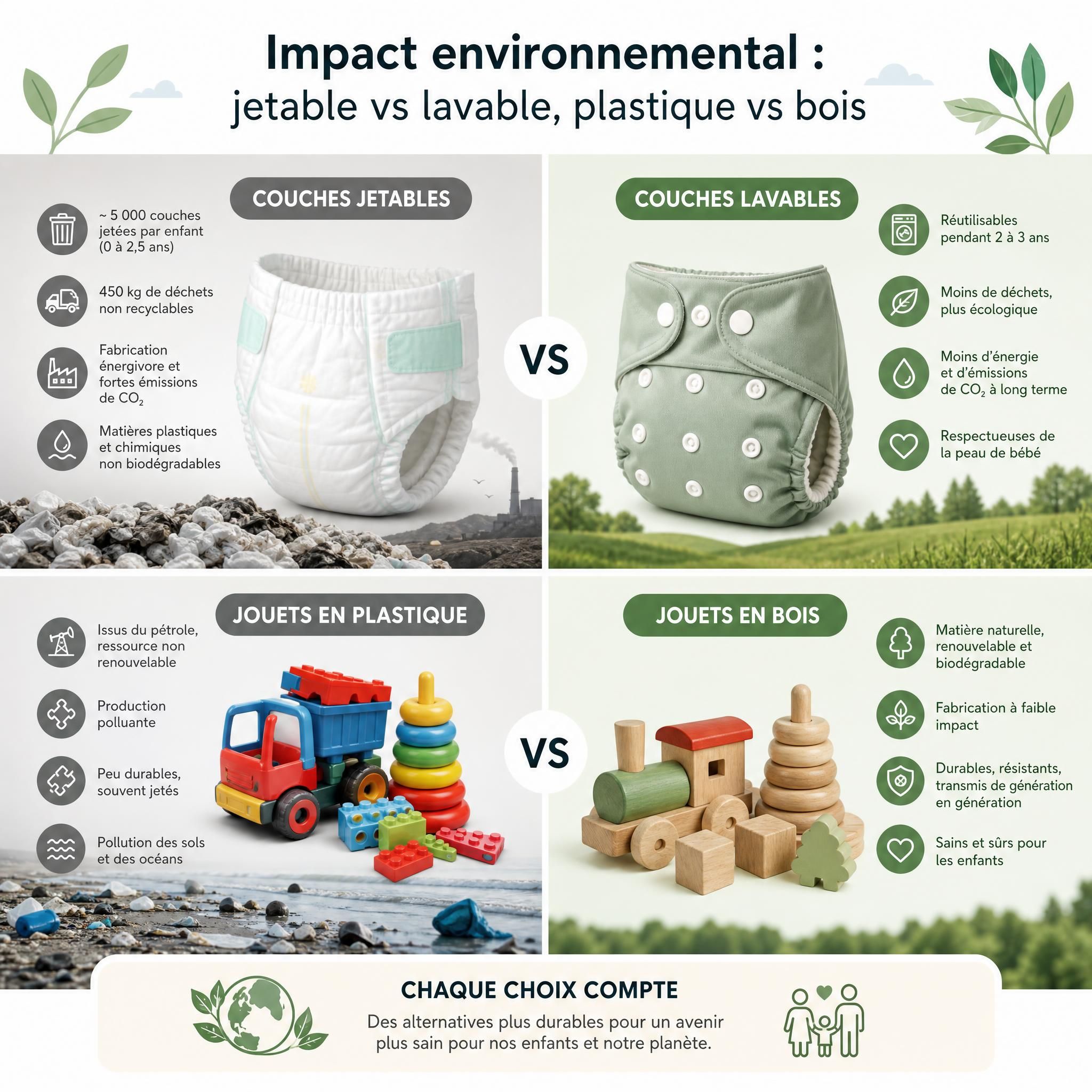 Comparatif visuel impact environnemental couches jetables versus couches lavables et jouets plastique versus bois
