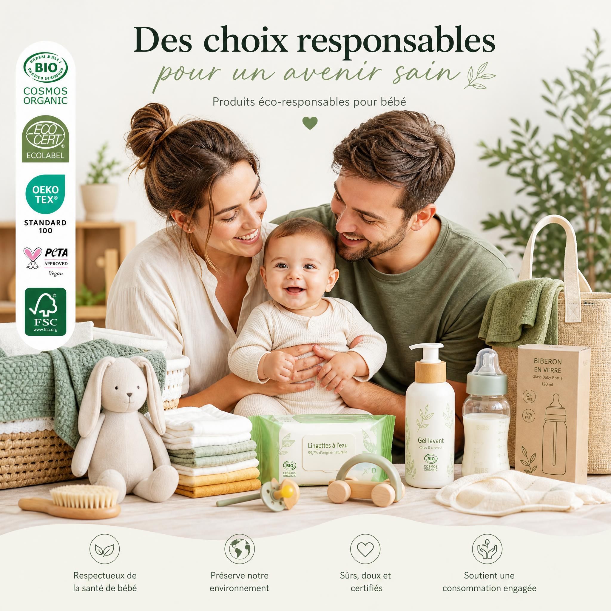 Famille heureuse avec bébé entourée de produits puériculture éco-responsables, labels bio et certifications visibles