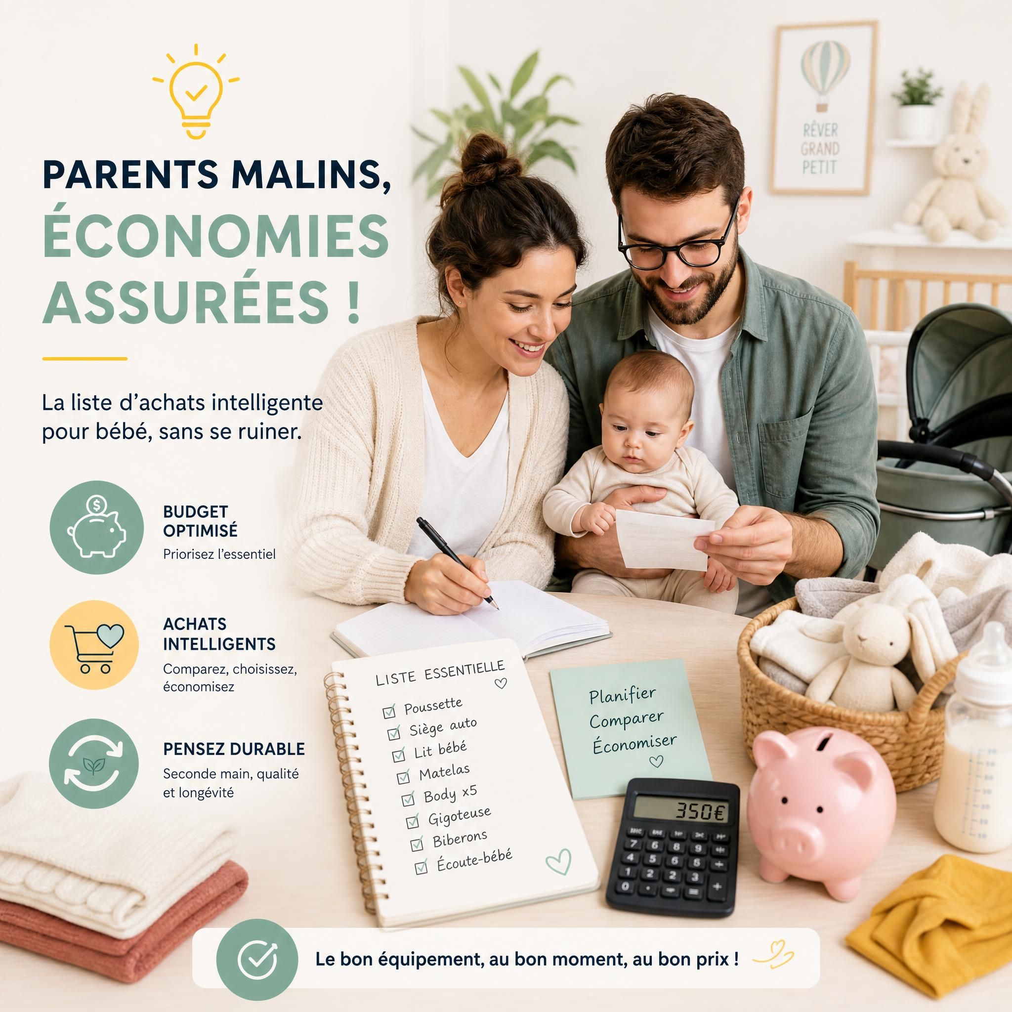 Parents malins qui font des économies sur la puériculture - liste d'achats intelligents bébé avec budget optimisé