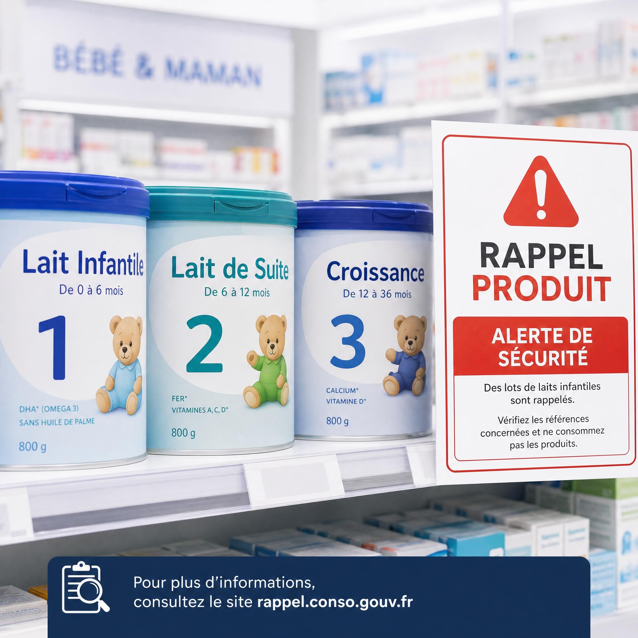 Boîtes de lait infantile sur une étagère de pharmacie avec une alerte de rappel produit visible