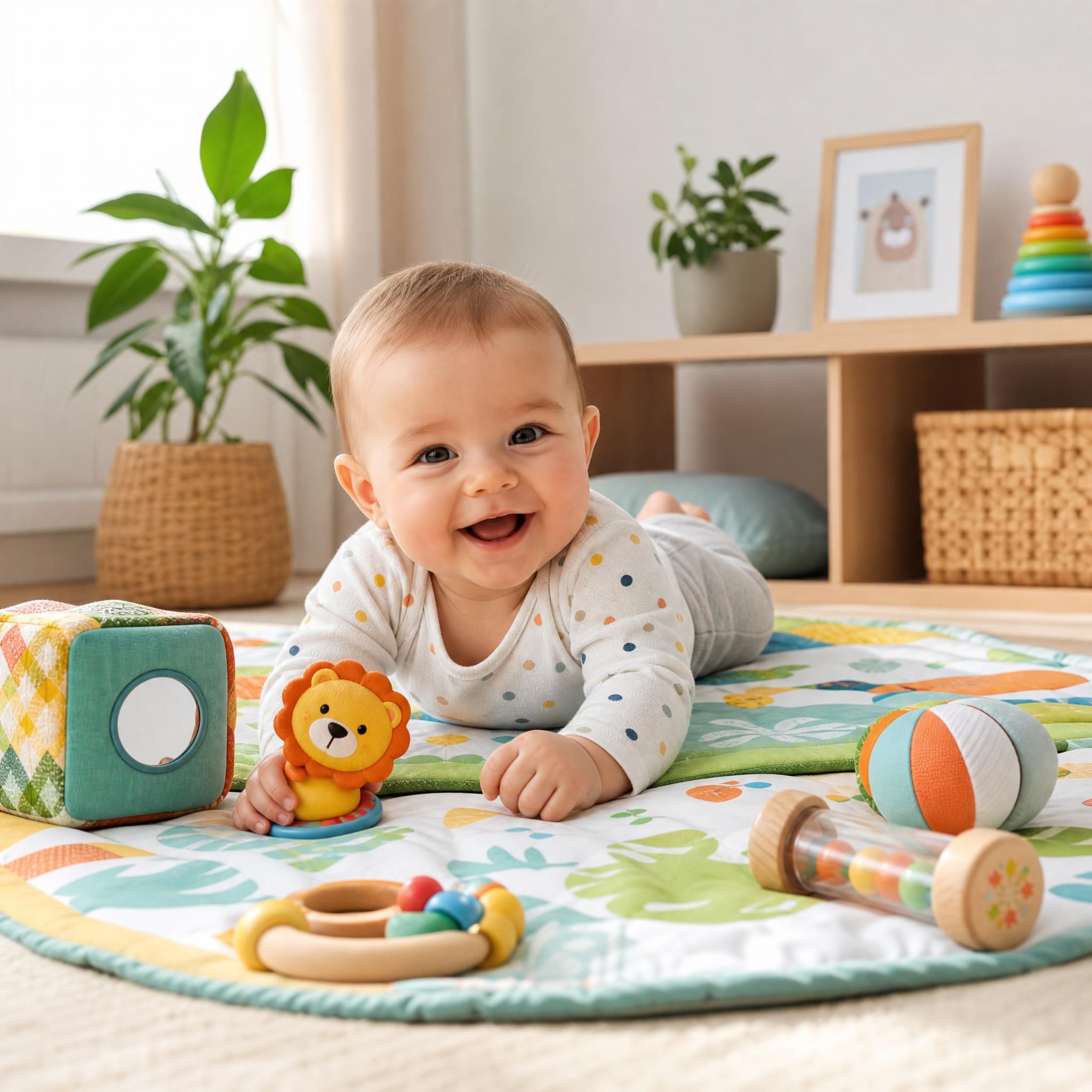 Bébé épanoui jouant sur un tapis d'éveil coloré avec des jouets adaptés à son âge dans un environnement sécurisé et lumineux