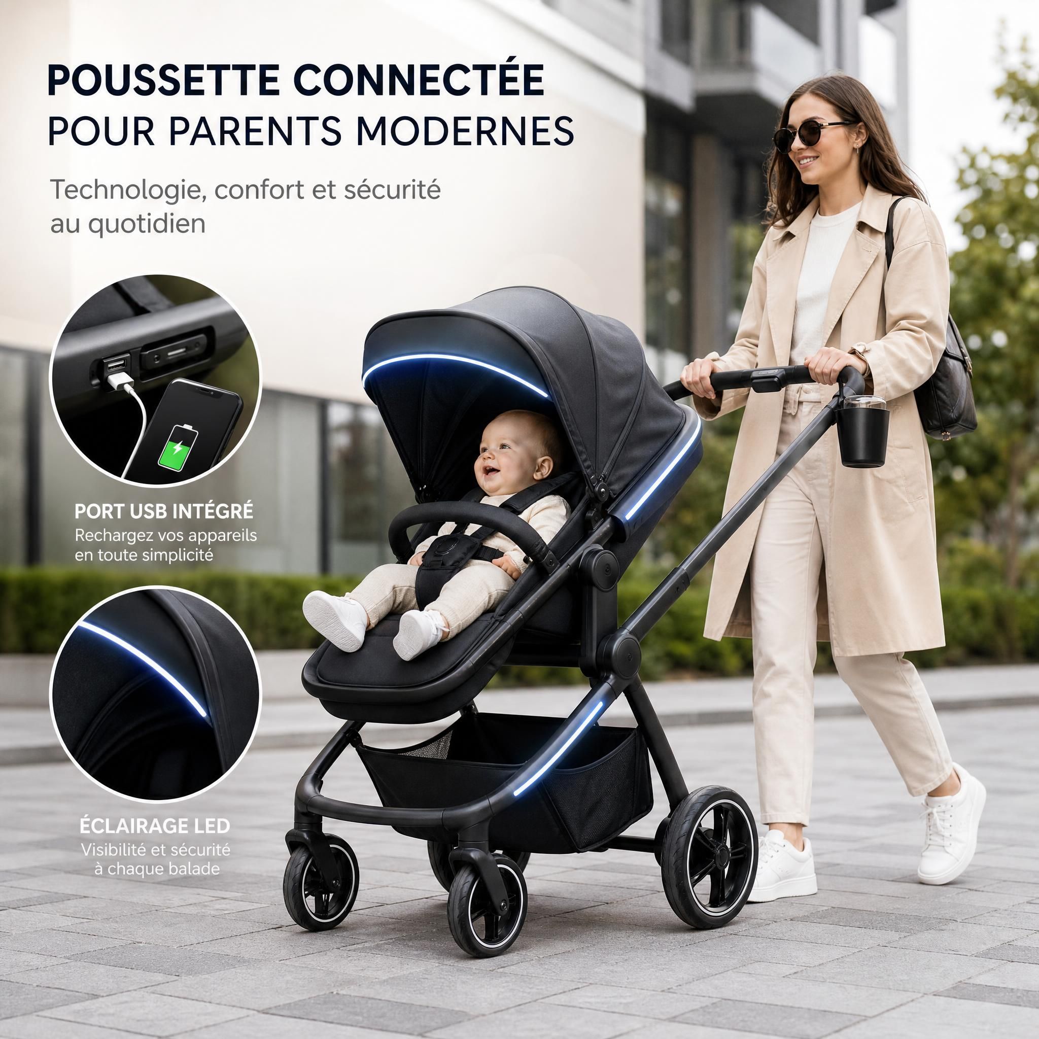 Poussette moderne connectée avec port USB et système LED, dans un cadre urbain tendance