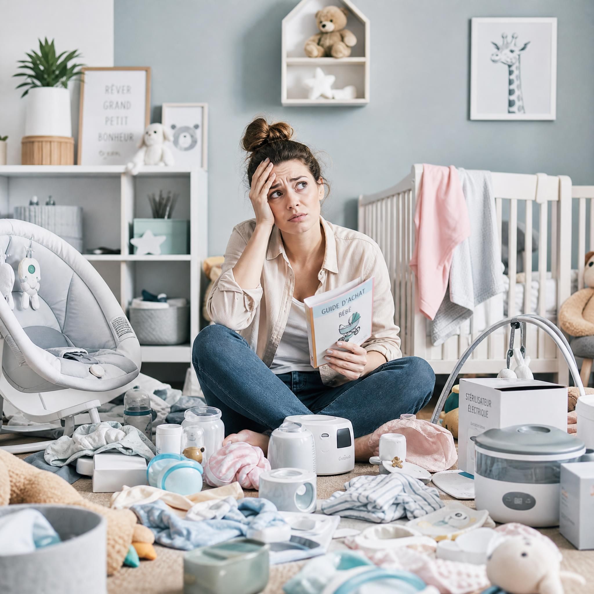 Jeune maman débordée entourée d'accessoires bébé inutiles et de produits de puériculture en désordre dans une chambre d'enfant