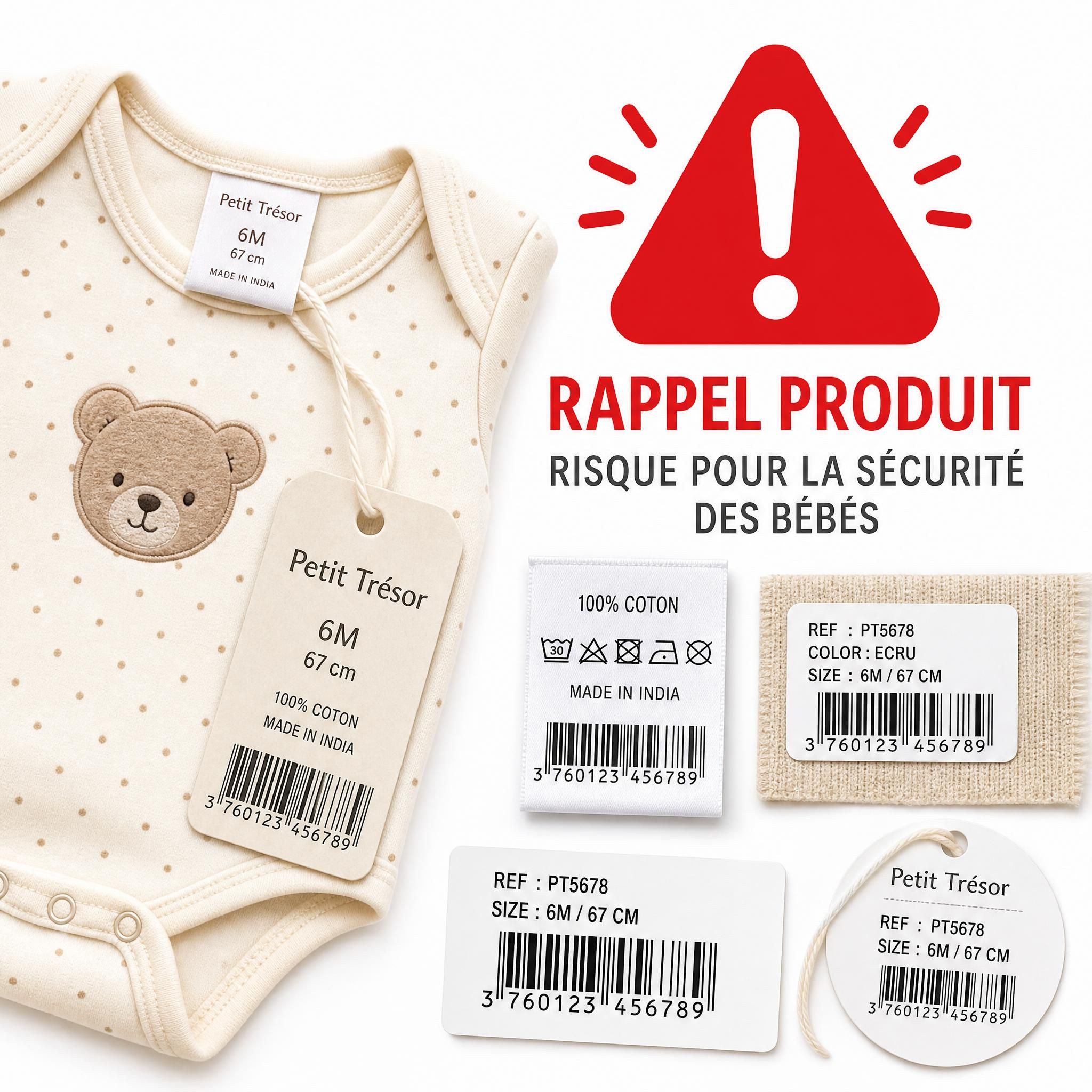 Étiquettes et codes-barres de vêtements bébé rappelés, fond blanc avec symbole d'alerte rouge