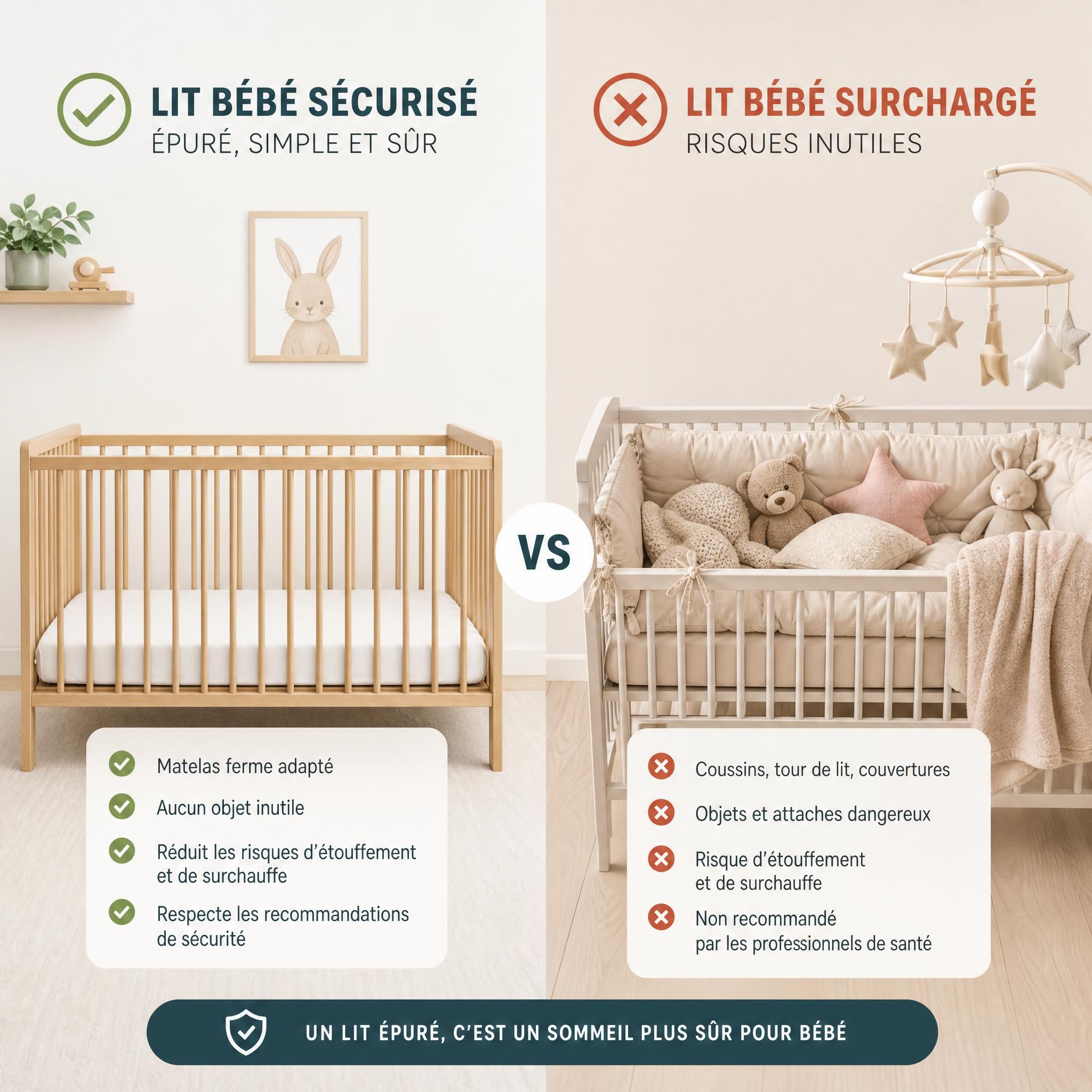 Lit bébé sécurisé et épuré sans tour de lit ni coussin comparé à un lit bébé surchargé d'accessoires dangereux