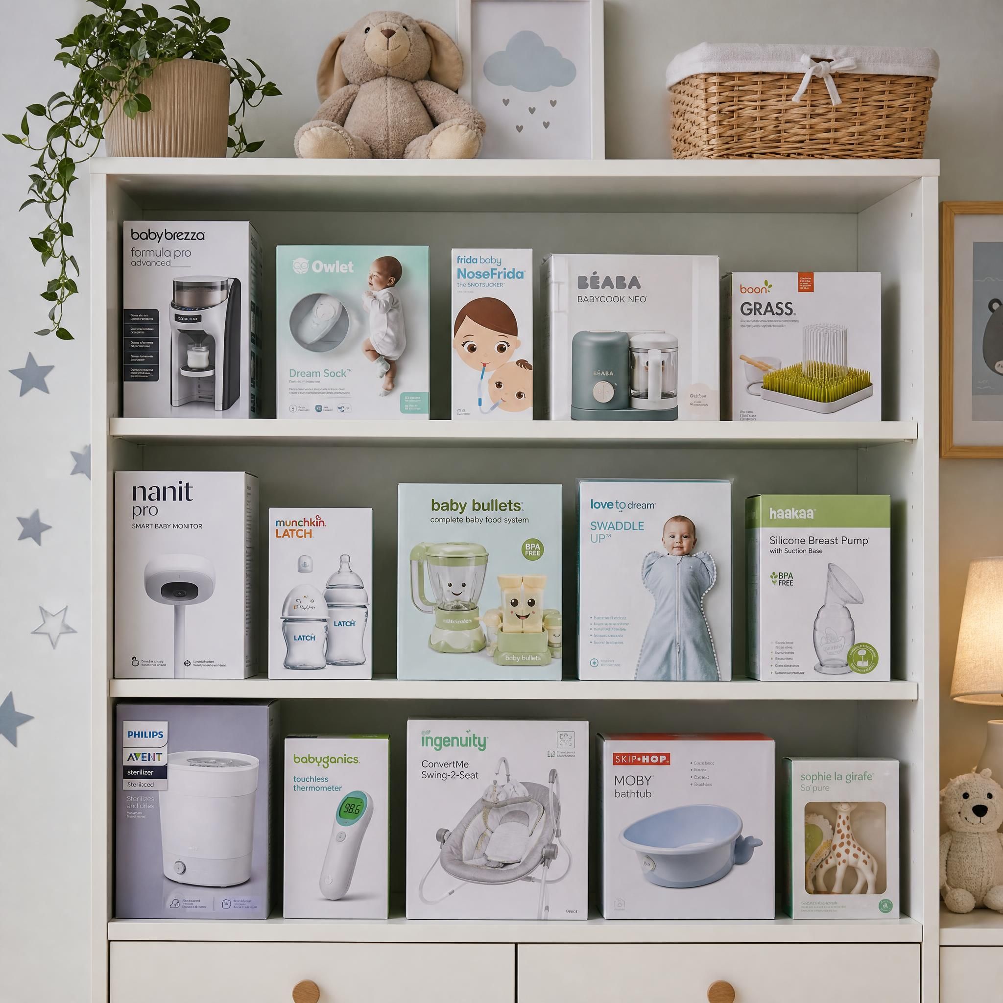 Étagère de chambre bébé remplie de gadgets de puériculture inutilisés dans leurs emballages d'origine