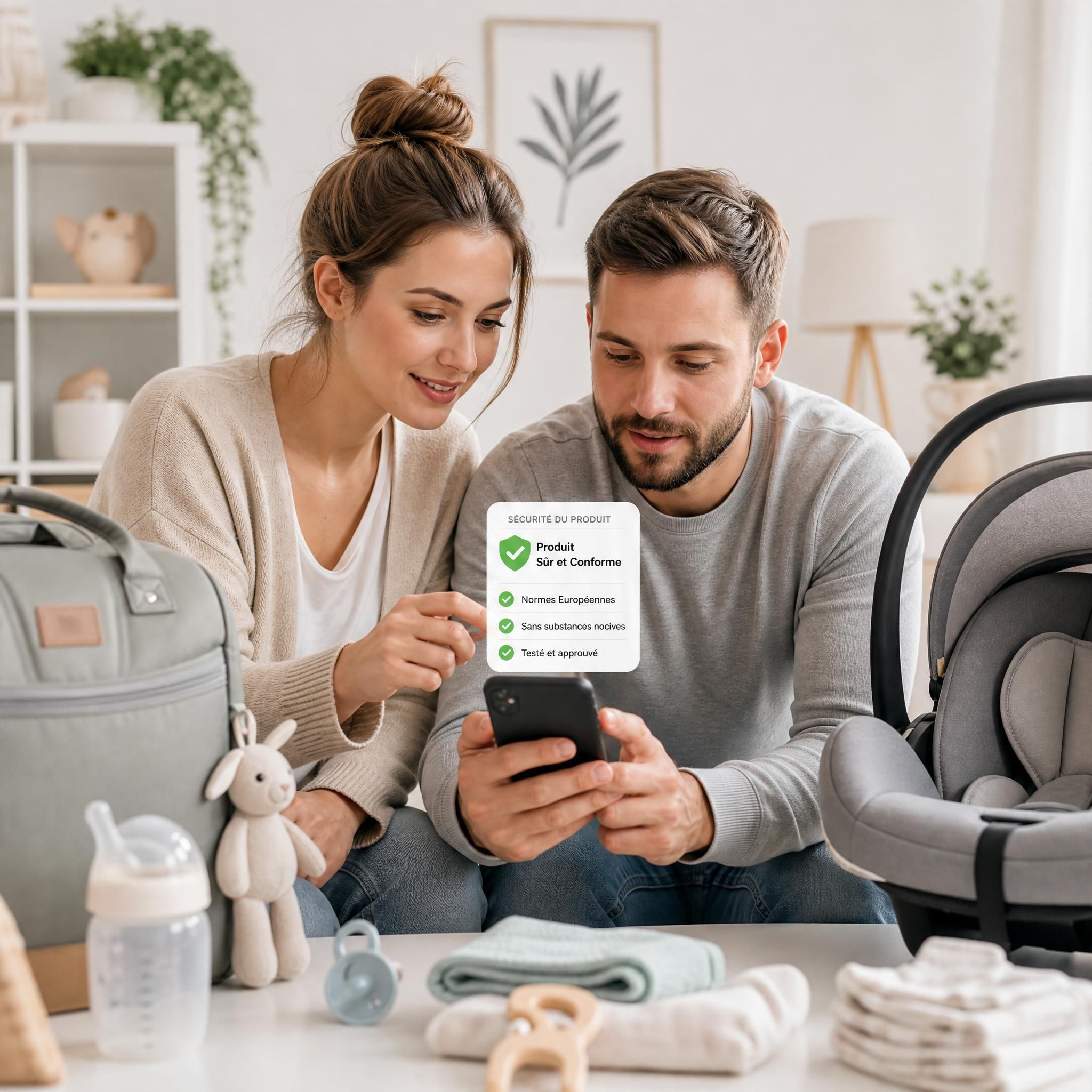 Parents attentifs vérifiant la sécurité des produits bébé sur leur smartphone, entourés d'accessoires de puériculture modernes
