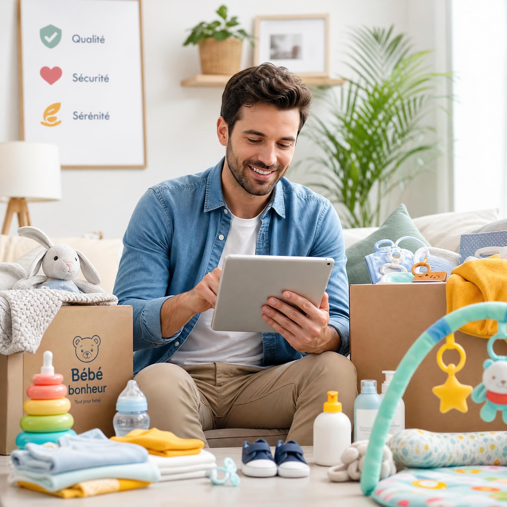 Parent heureux faisant ses achats de puériculture sur tablette, entouré de colis bébé et d'accessoires colorés