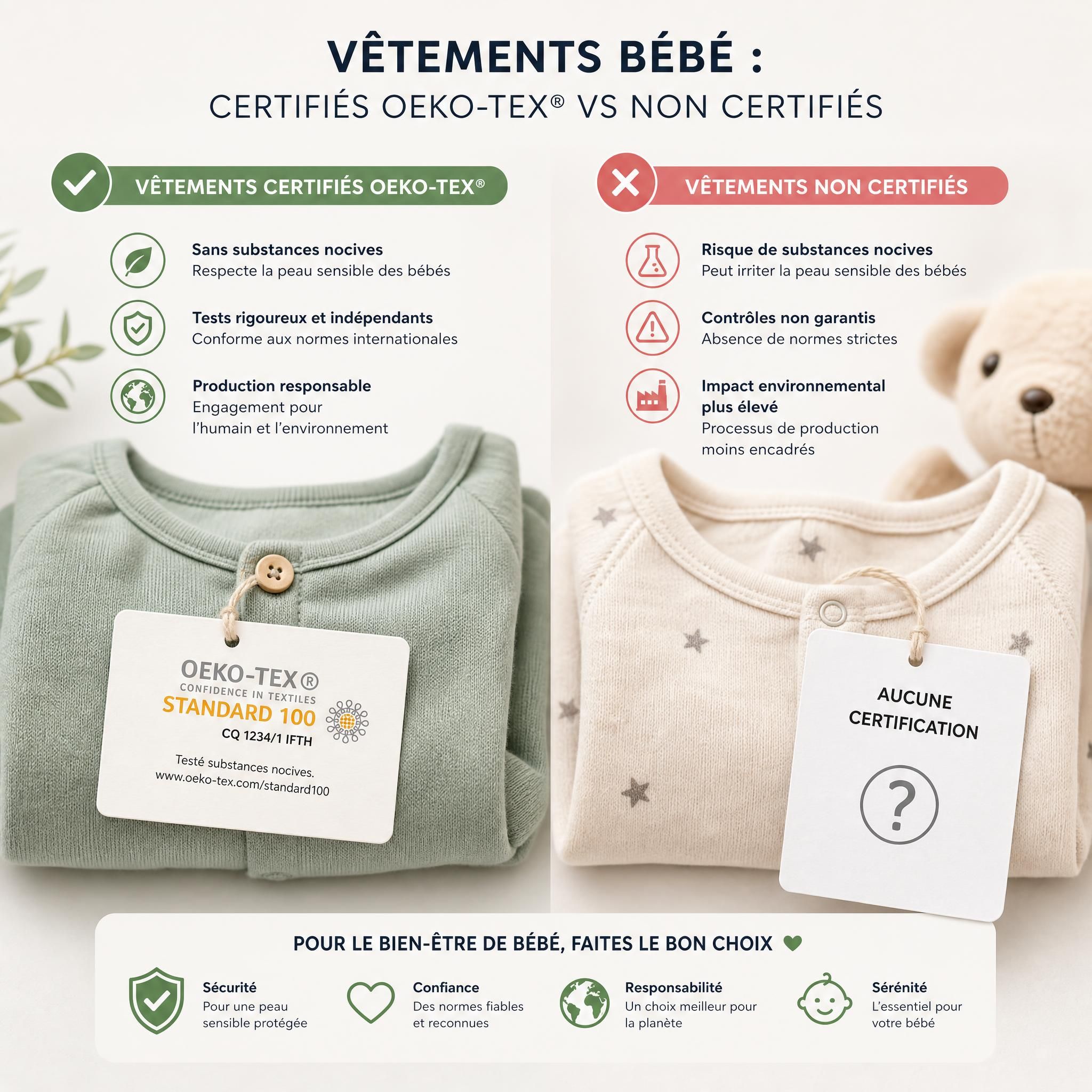 Comparaison vêtements bébé certifiés OEKO-TEX vs vêtements non certifiés avec étiquettes de normes visibles