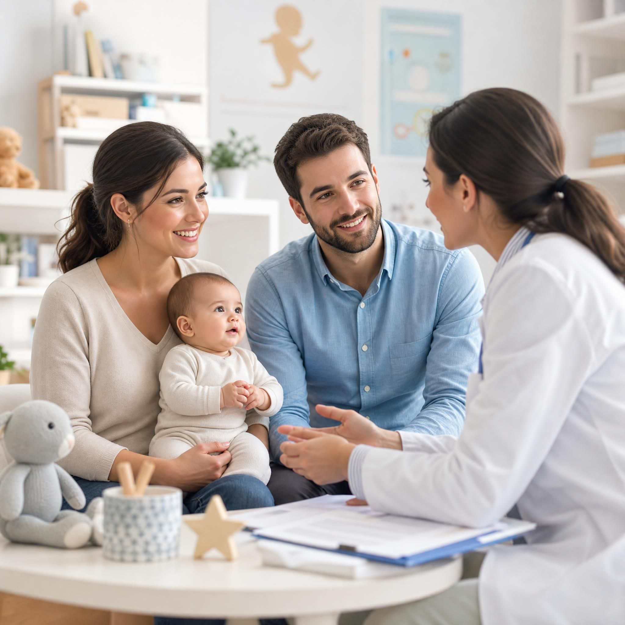 Pédiatre ou expert puériculture avec parents et bébé, consultation bienveillante et professionnelle